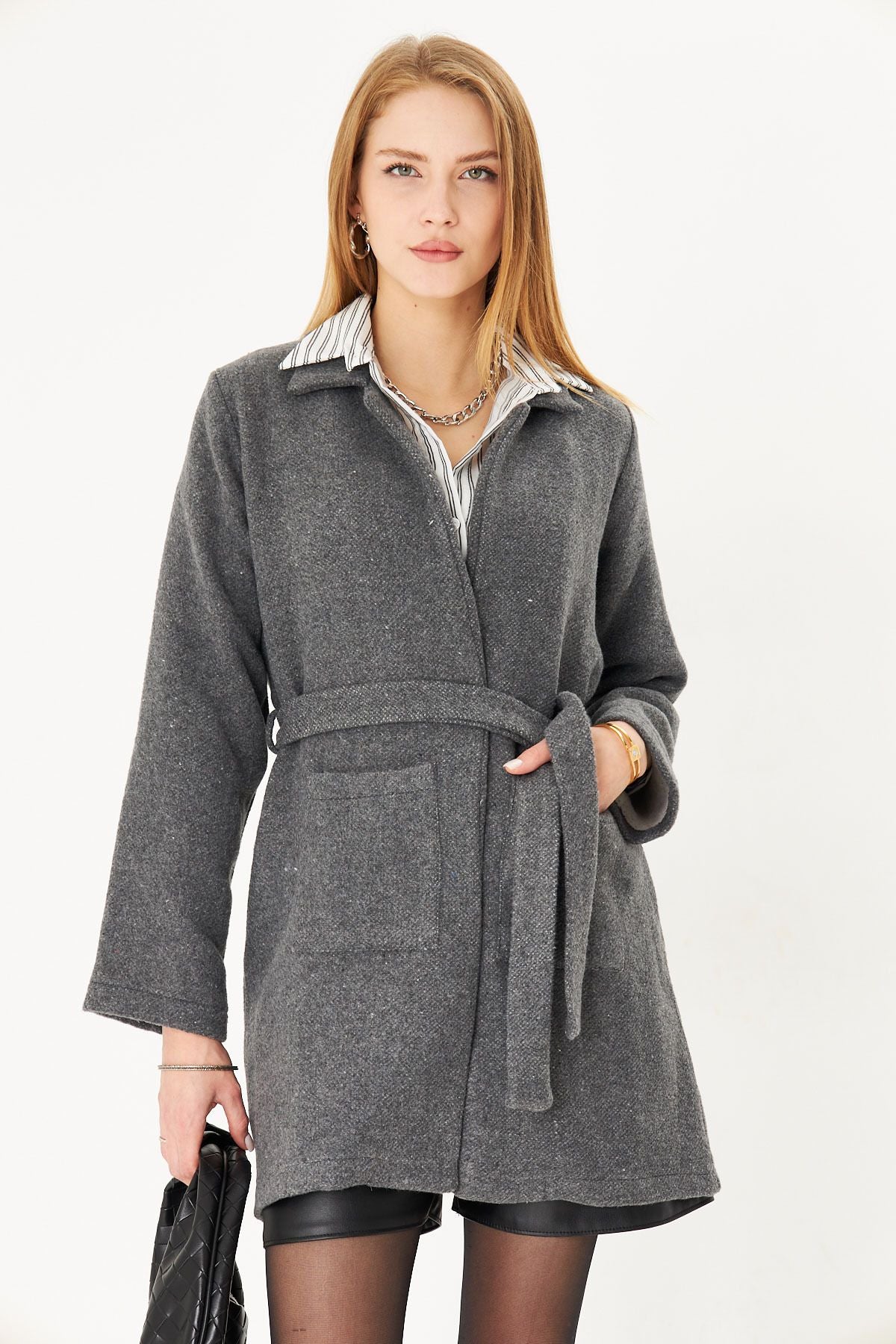 Female anthracite male collar pocket belt coat ARM-25K001053