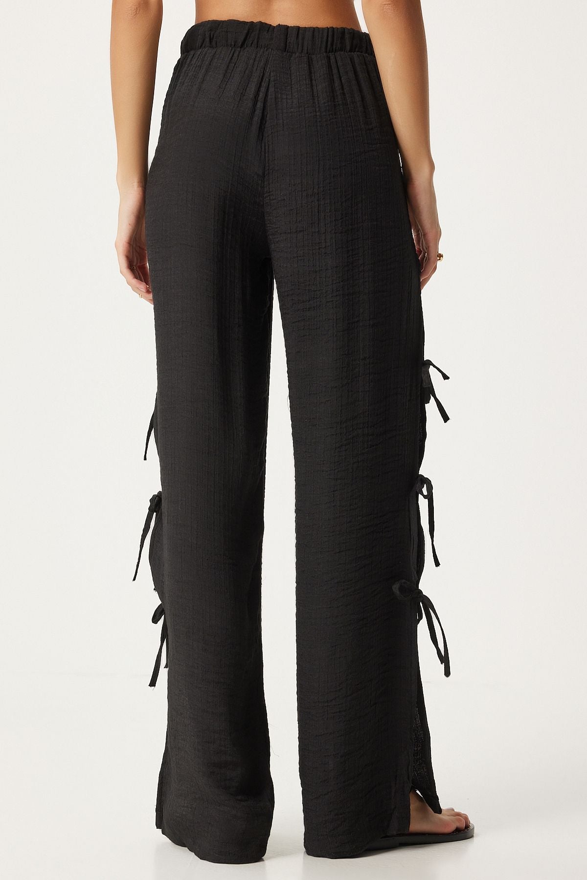 Female Black Bow Slit Flax Pants FN03298