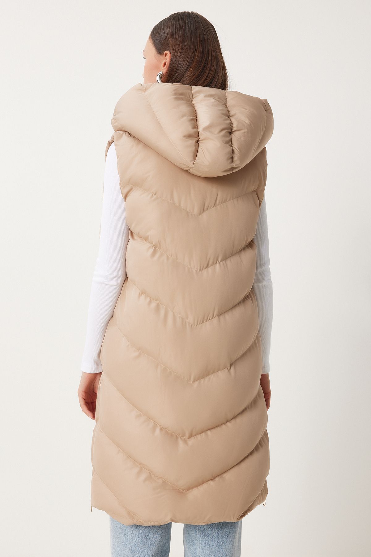 Women's cream hooded long swelling vest RV00031