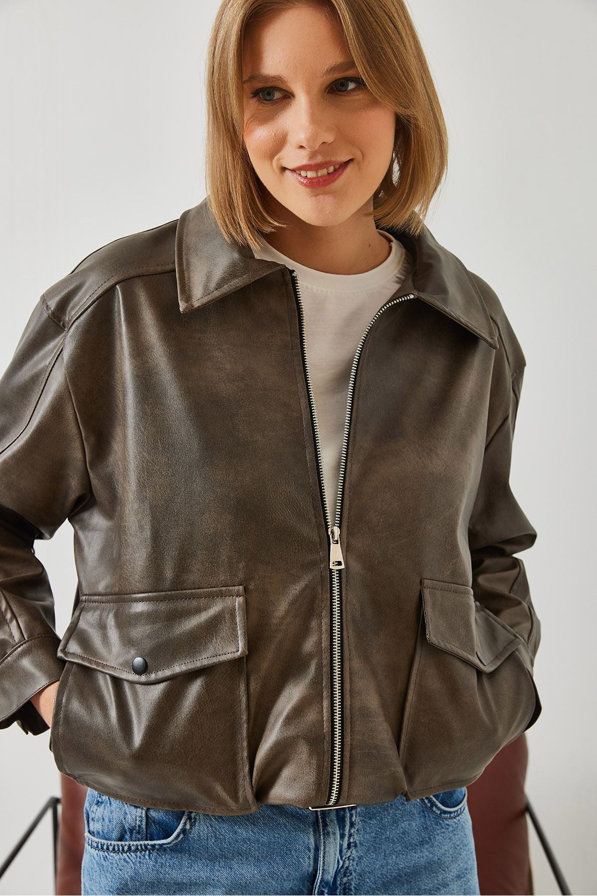 Female Shirt Collar Obedness Leather Jacket 2609 60351264