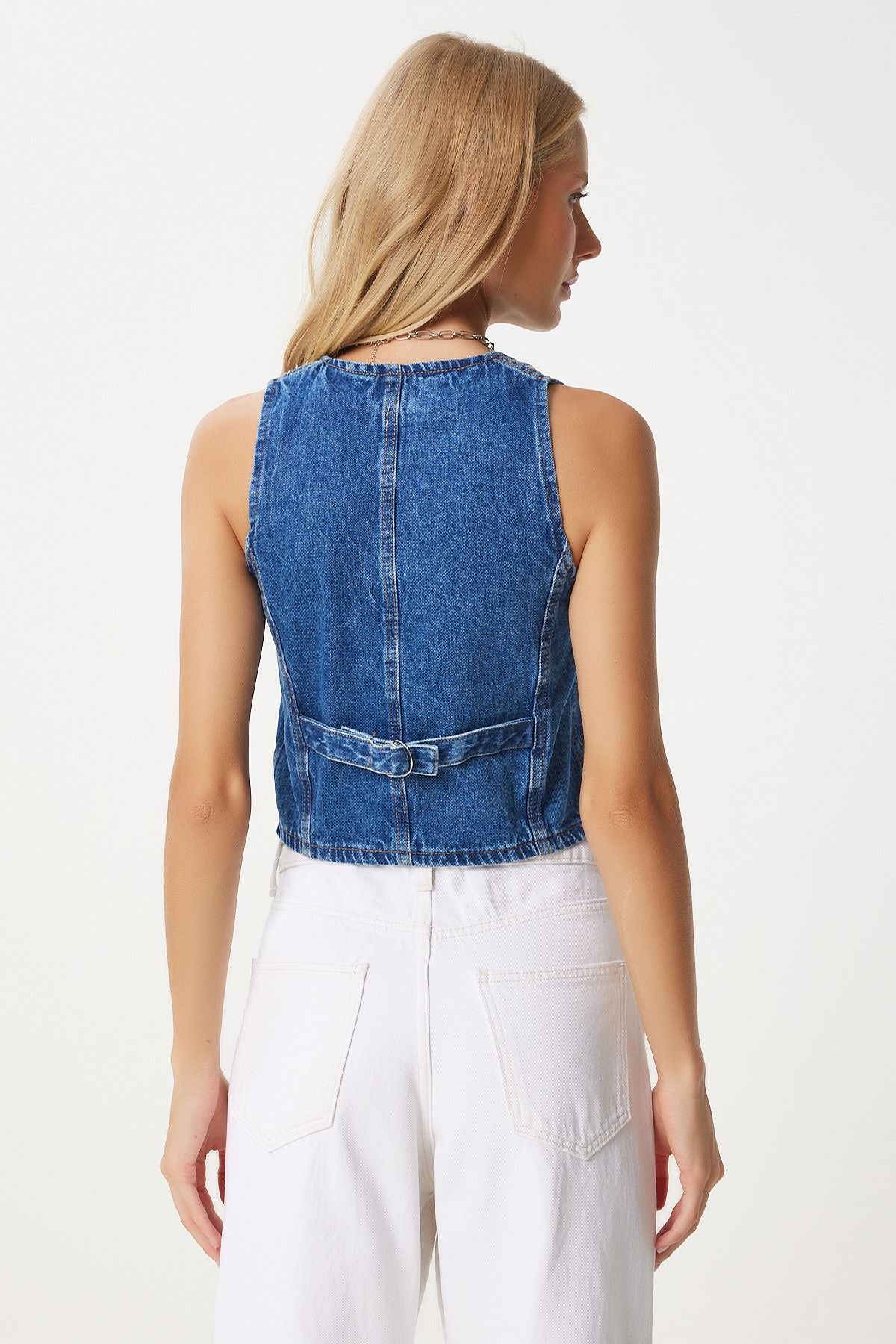 WOMEN BLUE V YAKA CROP DENİM VEST YL00002