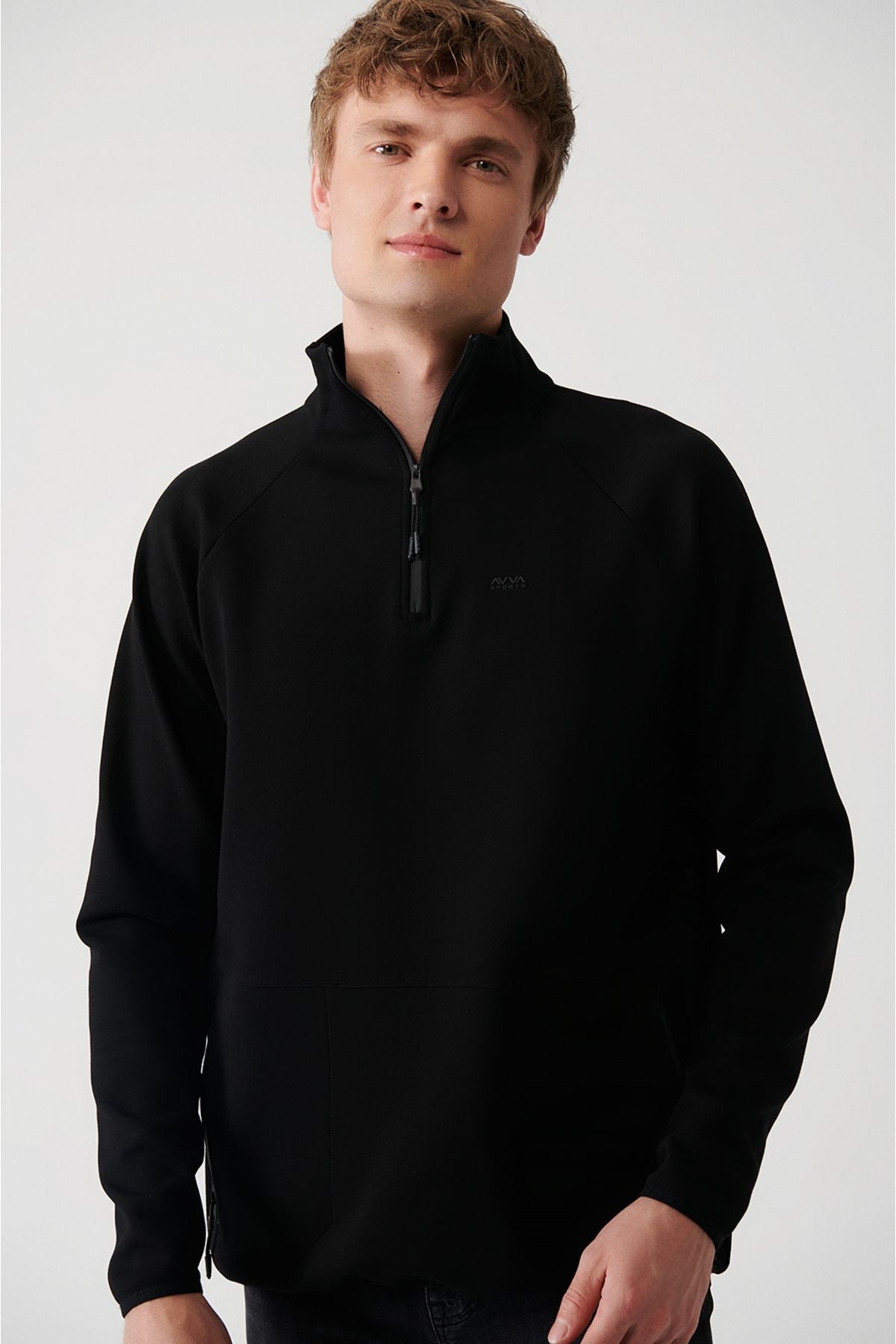 Men's black interlok fabric half -zipper upright collar sweatshirt A32y1201