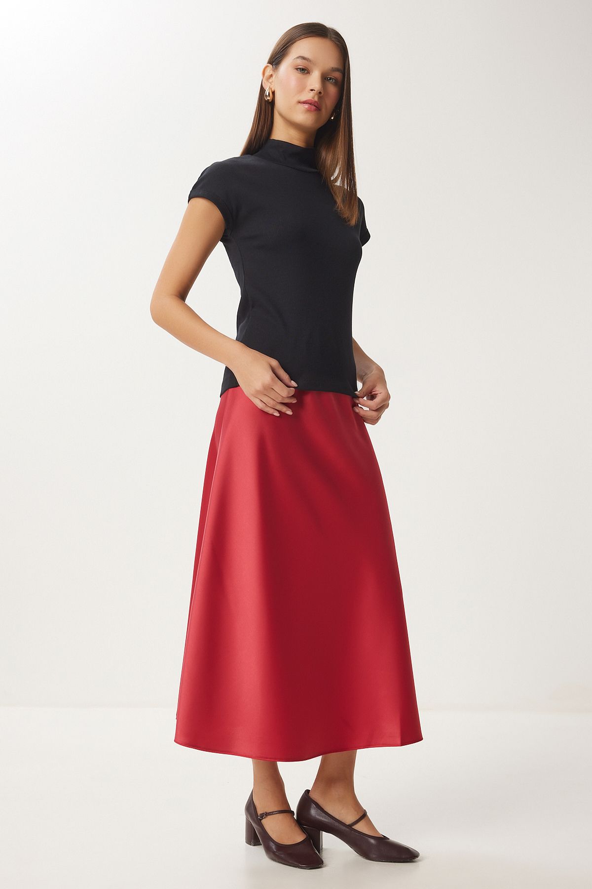 Woman Red Satin Surface Woven Skirt DP00224