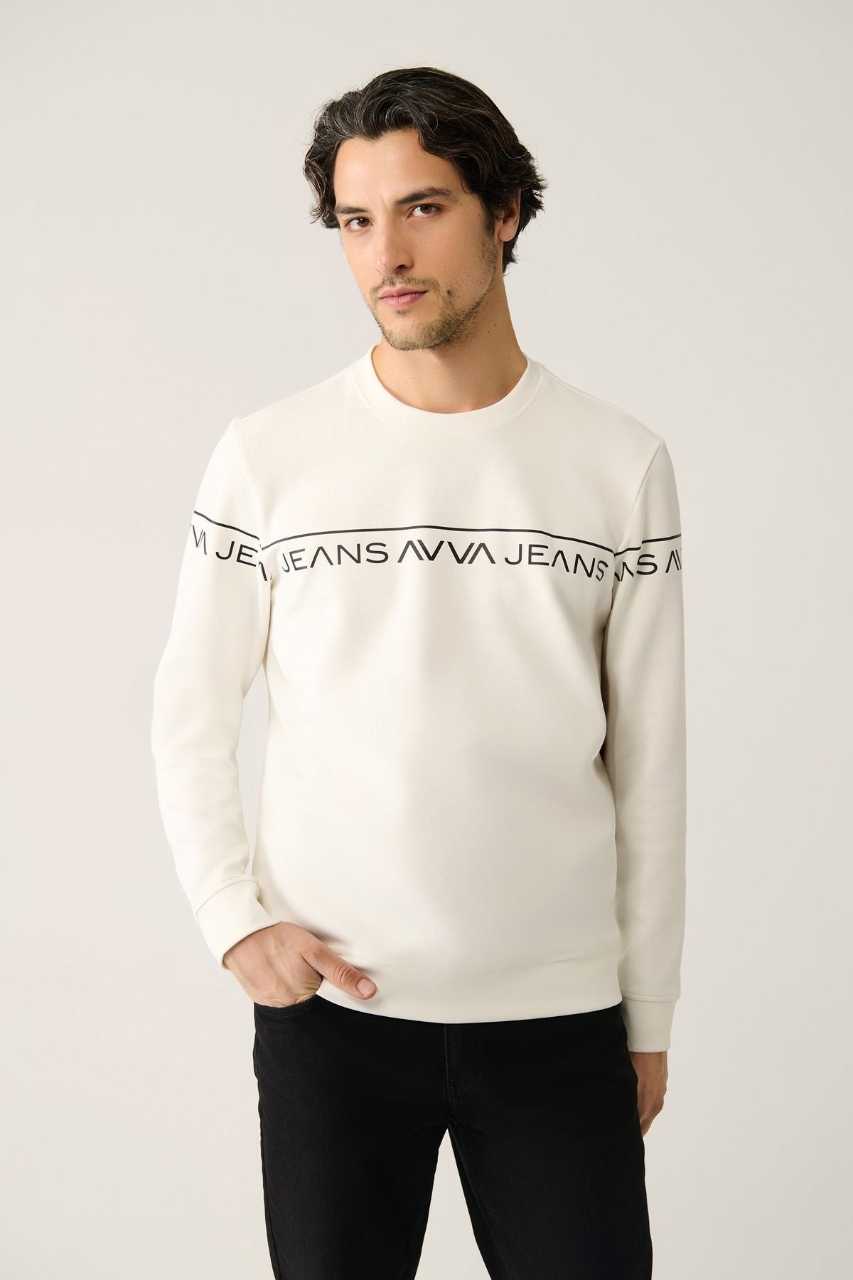 Erkek Beyaz Bisiklet Yaka Interlok Baskılı Sweatshirt A41y1241