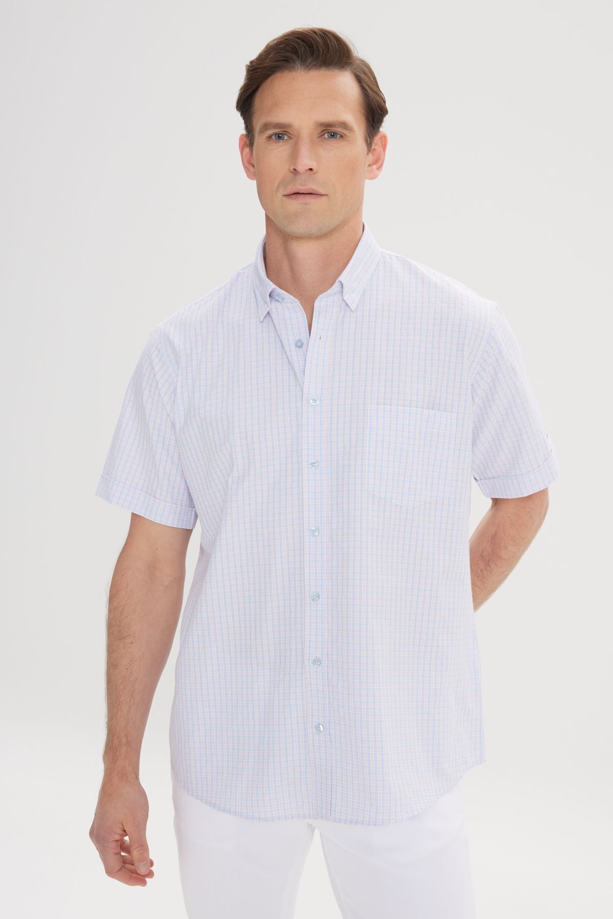 Men's White-Blue Comfort Fit Casual Cutting Buttoned Neck Square Short Sleeve Shirt