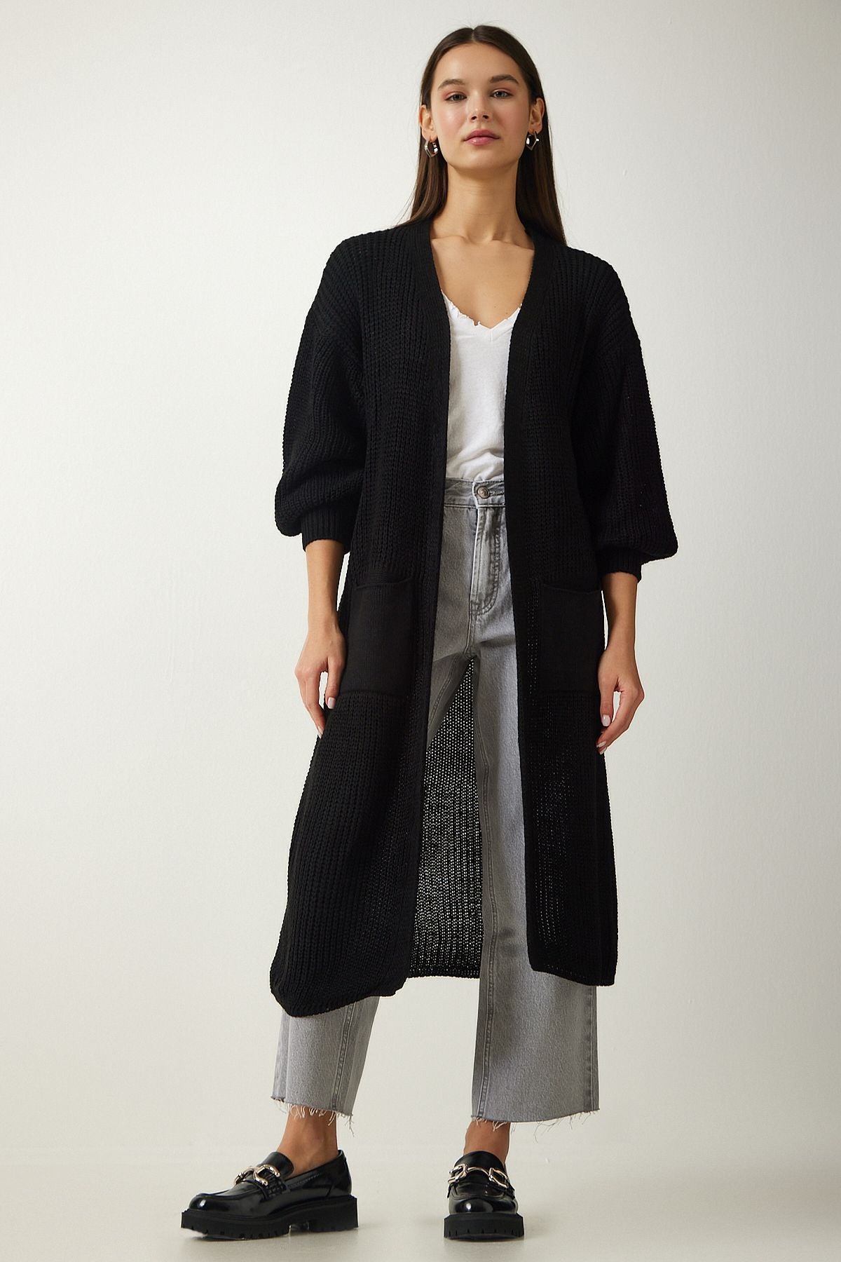 Women's black balloon sleeve long knitwear cardigan AS00026