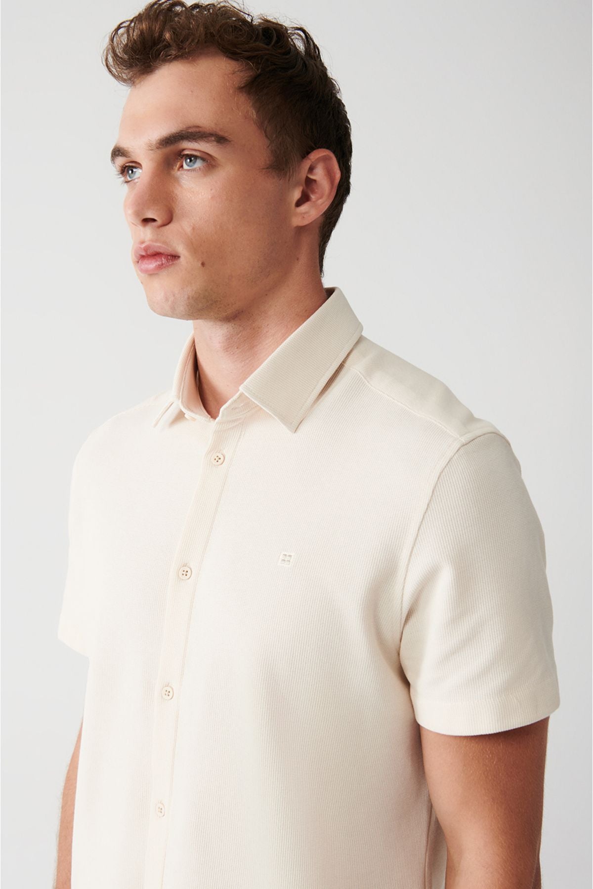 Men's Beige Easy to ironing Classic collar knitted lycra cotton shirt E002051