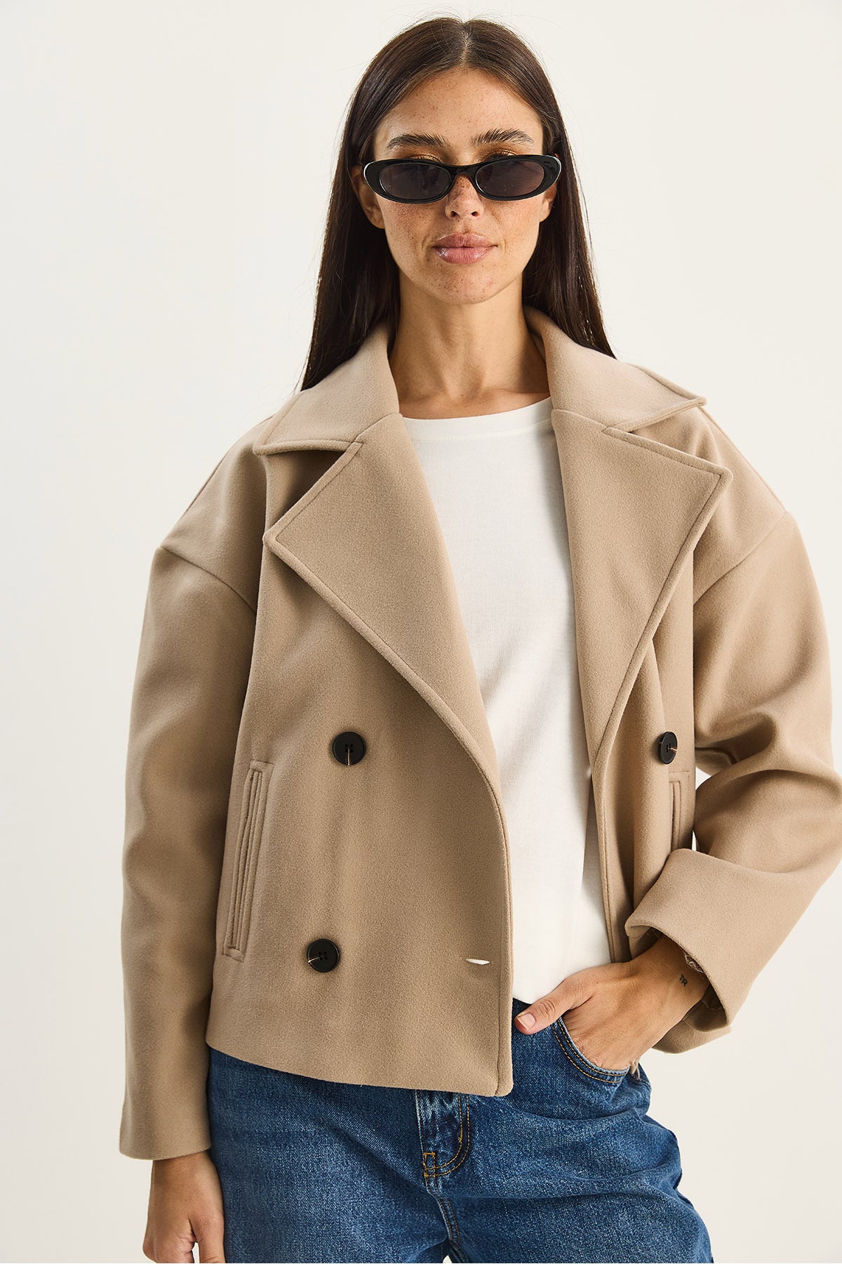 Women's Wide Collar Pocket Detailed Lined Buttoned Short Cashmere Coat 2517 60283788