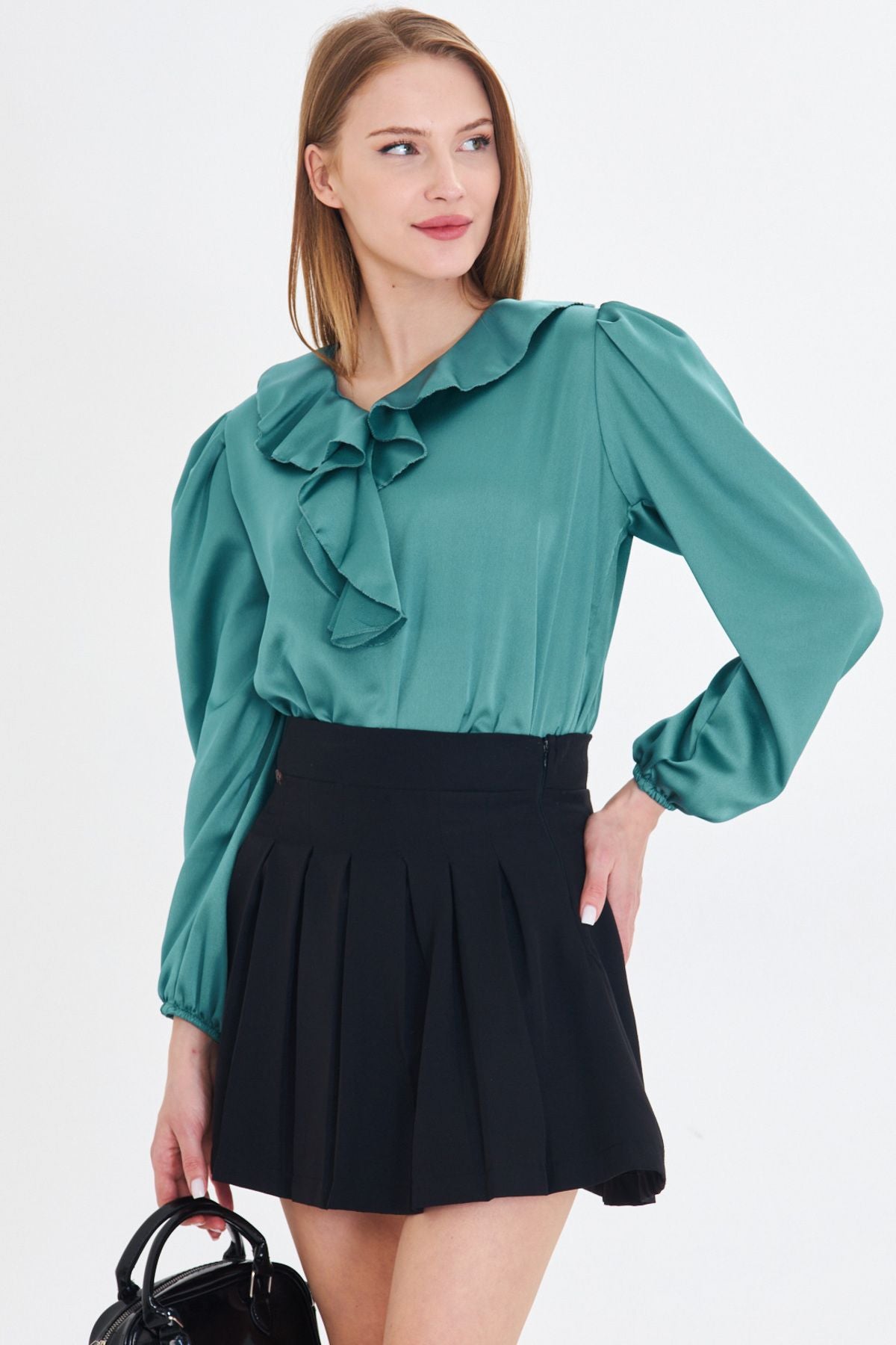 Female turquoise collar frilled shoulder shirred arm rubber Satin blouse ARM-22K001059