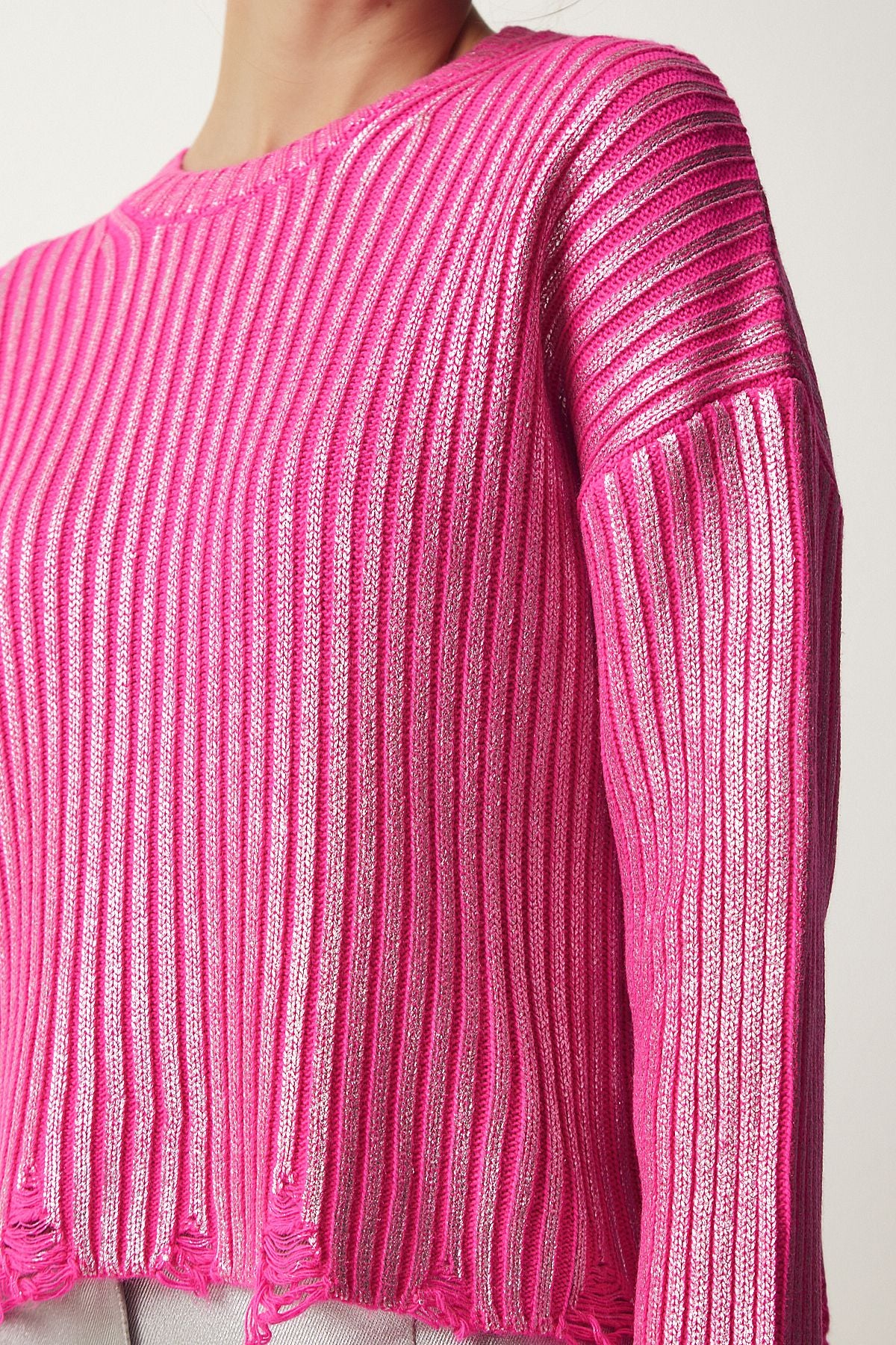 Woman Pink Torn Detailed Bright Knitwear Sweater PF00021