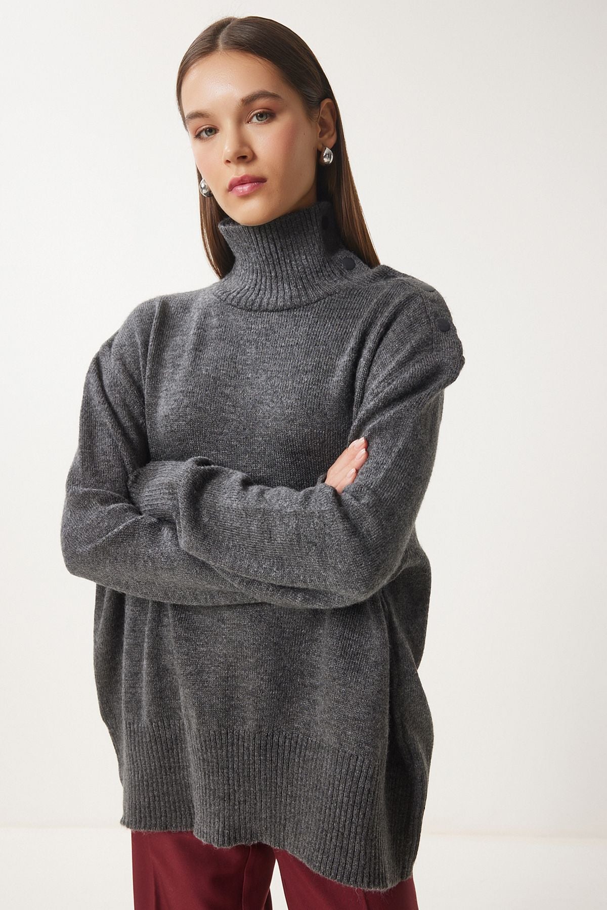 Female anthracit fisherman collar knitwear sweater FN03390