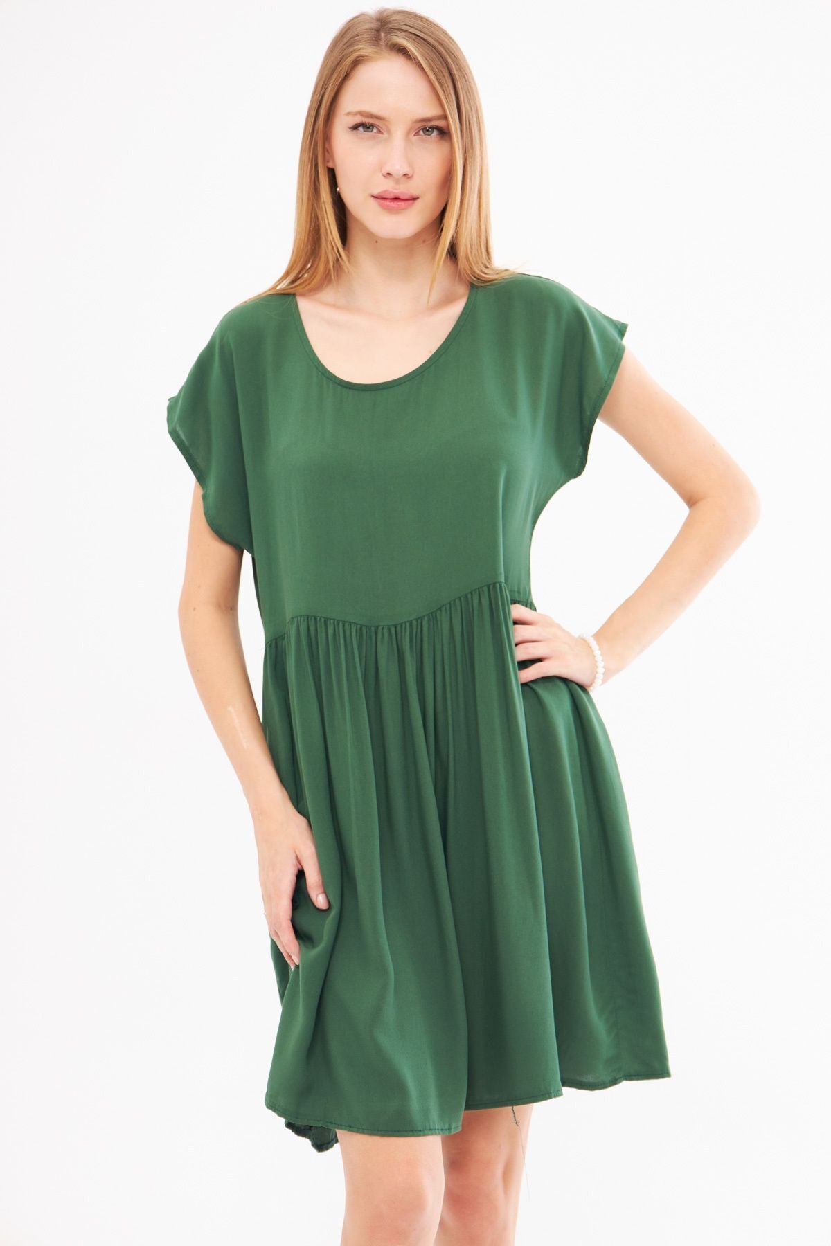 Woman Dark Green Waist Shirred Mini Dress ARM-24Y001090