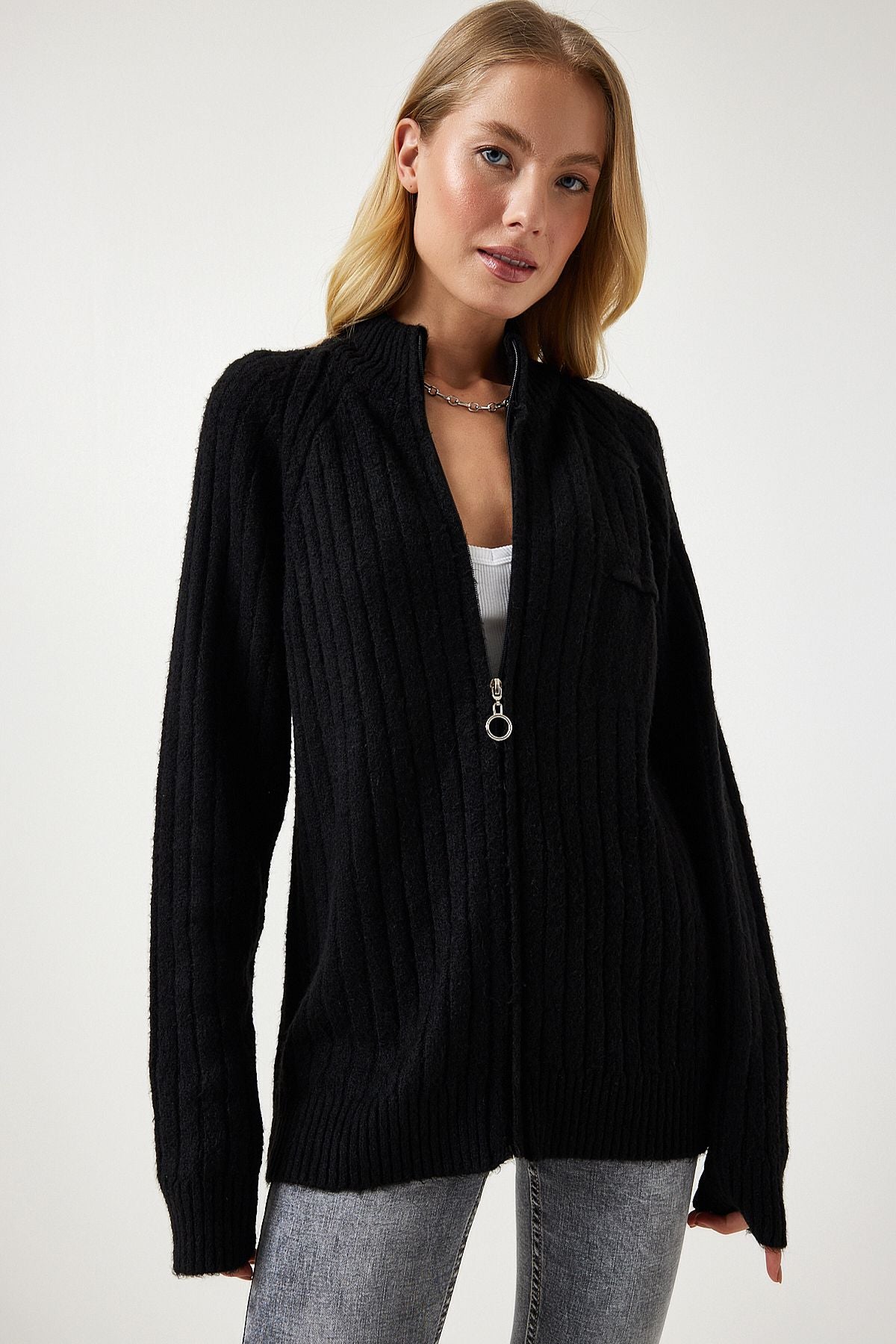 Women's black zipper knitwear cardigan DD01301