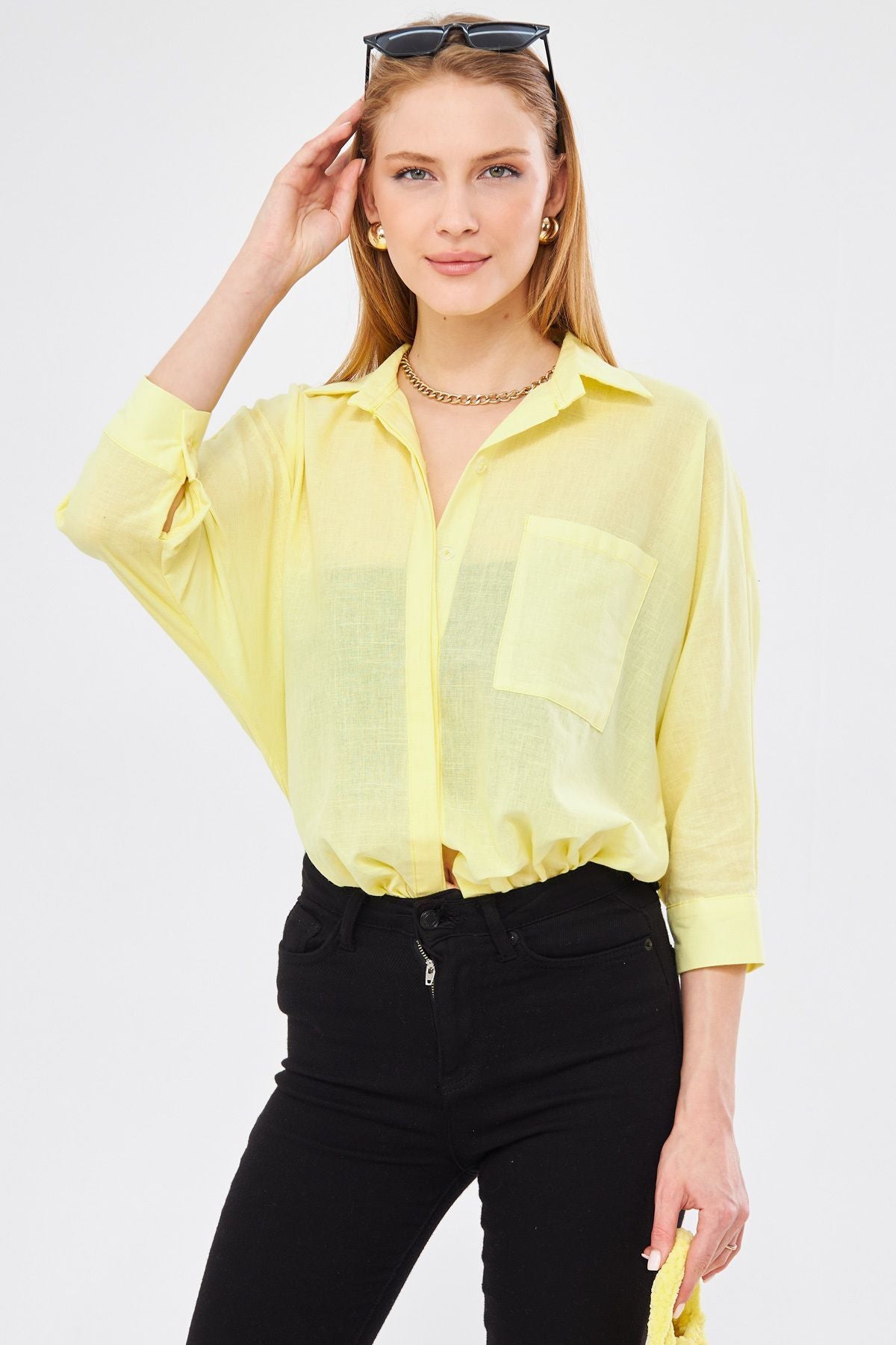 Female Yellow Pockets Shabby Linen Shirt ARM-21Y001035