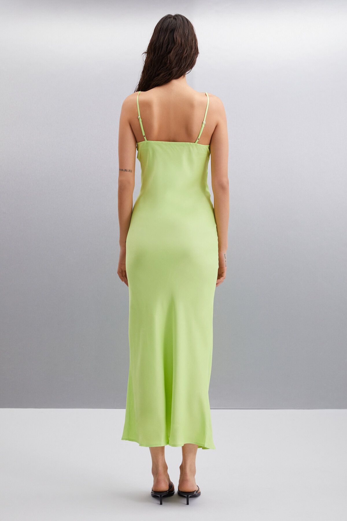 Nashaly woman thick woven satin strap with maxi light green dress expanding from the waist