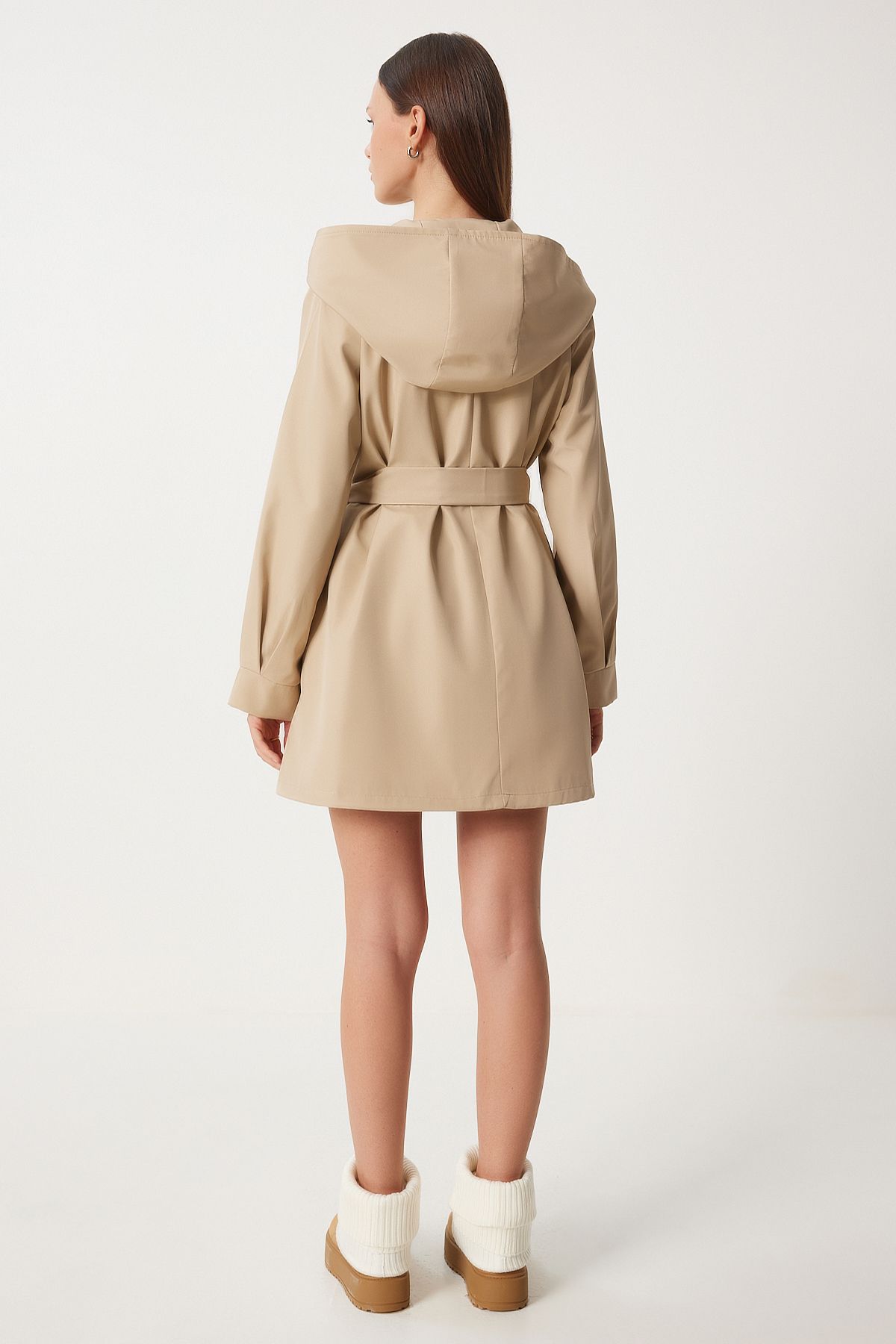 Female Beige Hooded Born Short Trench Coat DD01335