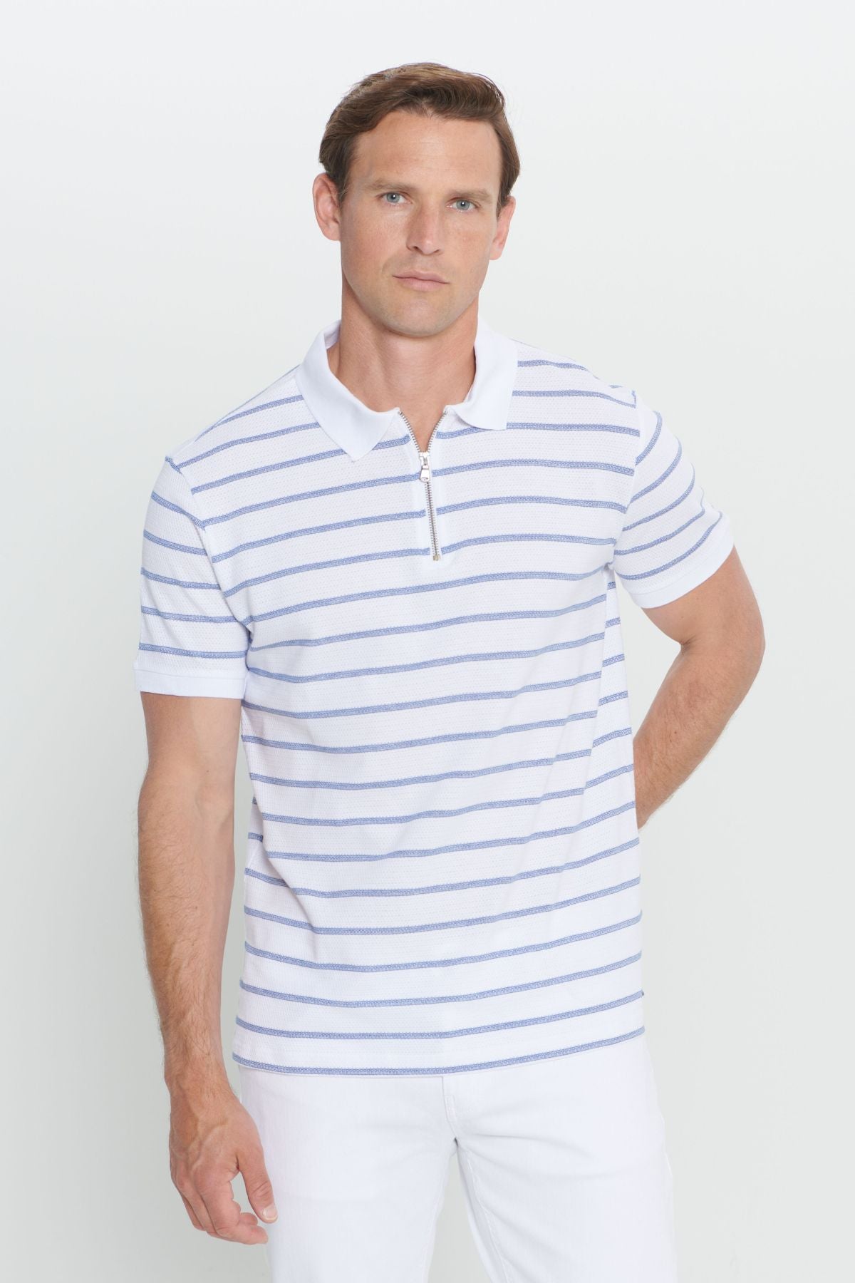 Men's white-lacivert slim fit narrow cut cotton striped Polo Yaka T-shirt