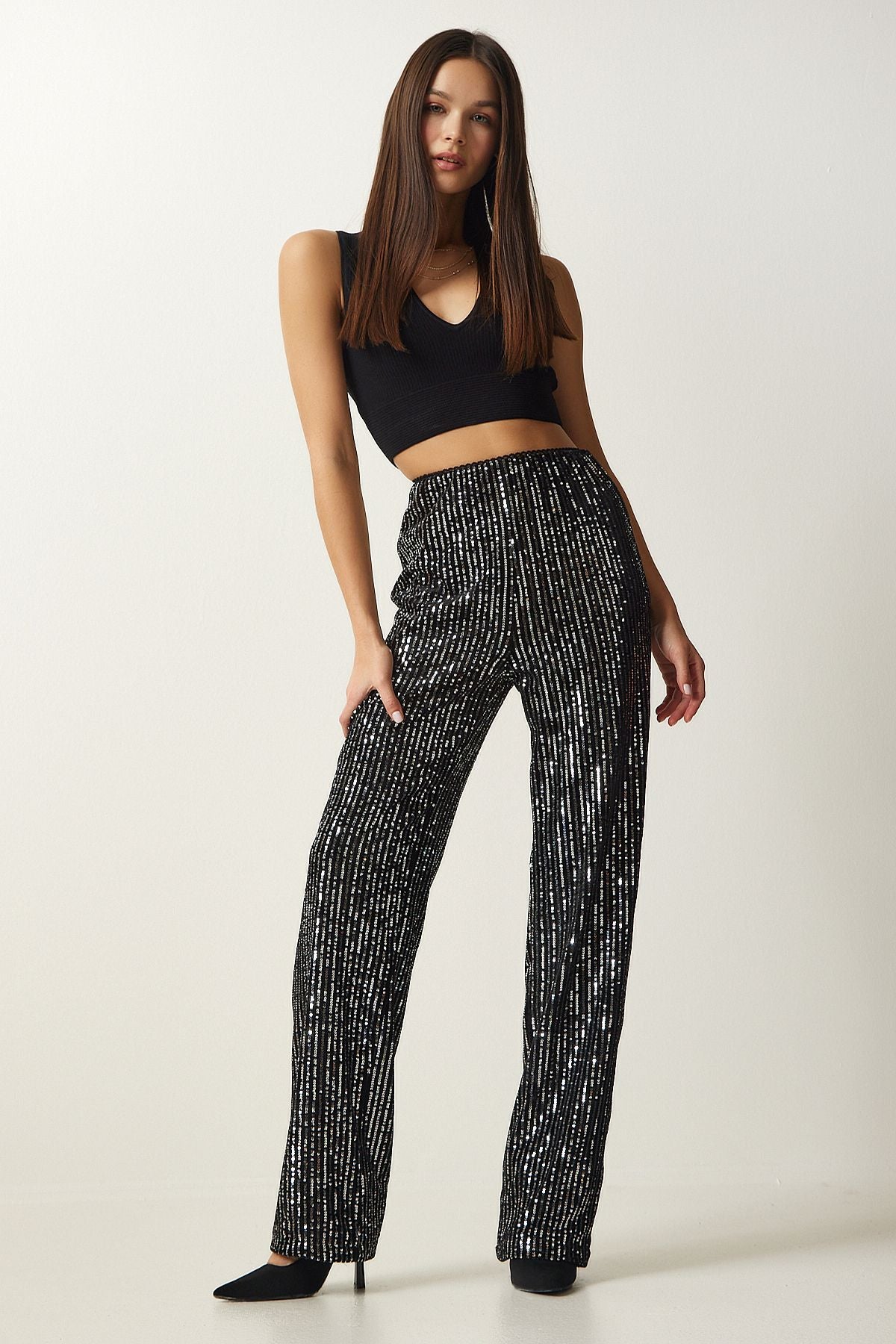 Women's gray stamp sequin palazzo pants MC00250