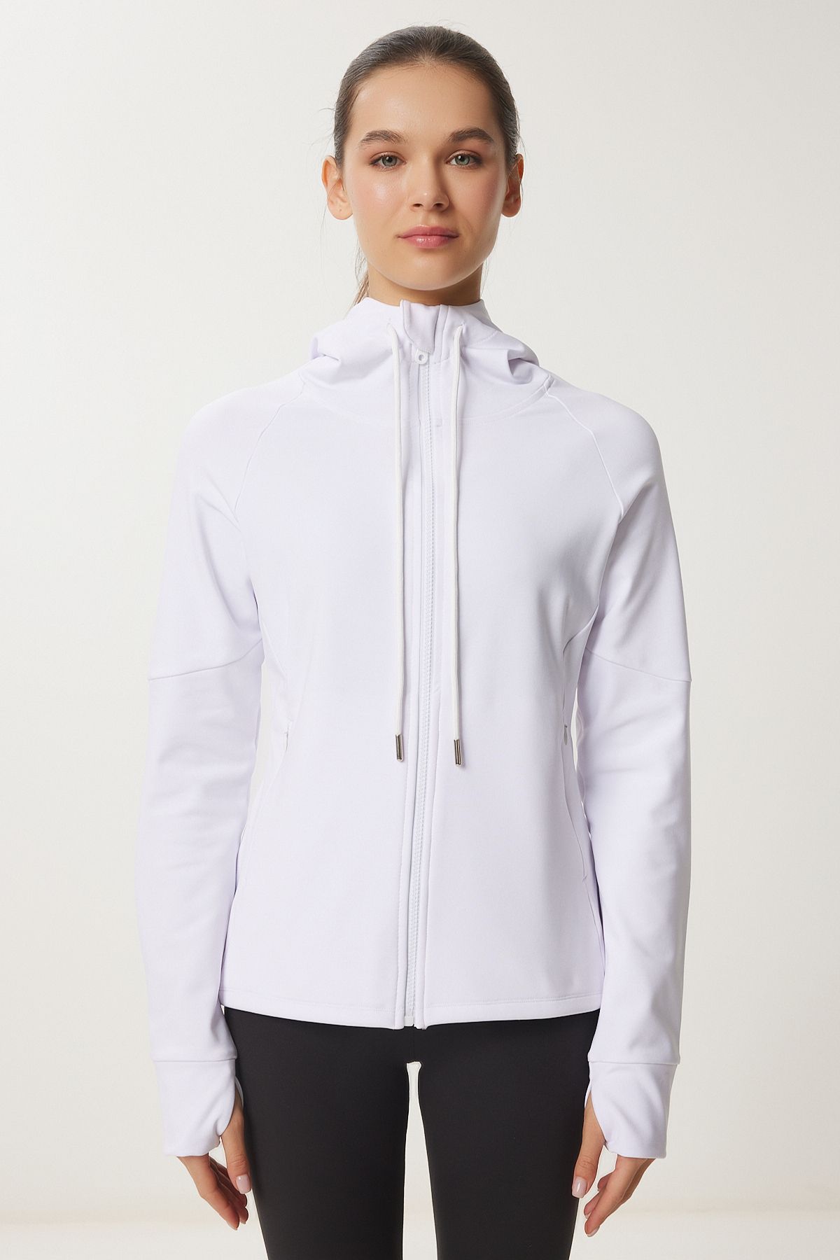 Women's White Finger Detailed Hooded Zipper Knitting Sweatshirt VX00007