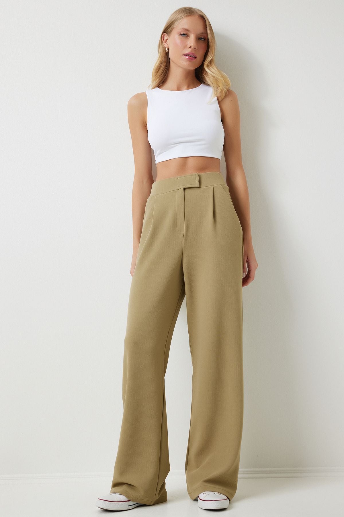 Woman Open Khaki Waist Calcare Casual Woven Pants RV00150