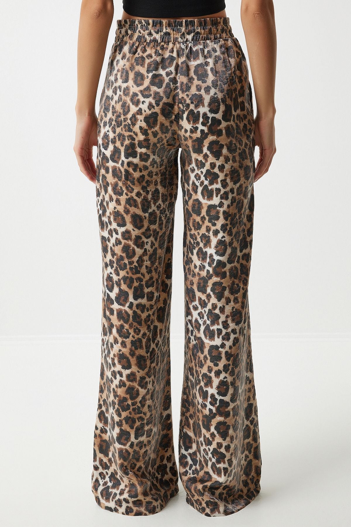 Female black beige leopard patterned viscose palazzo pants FN03185