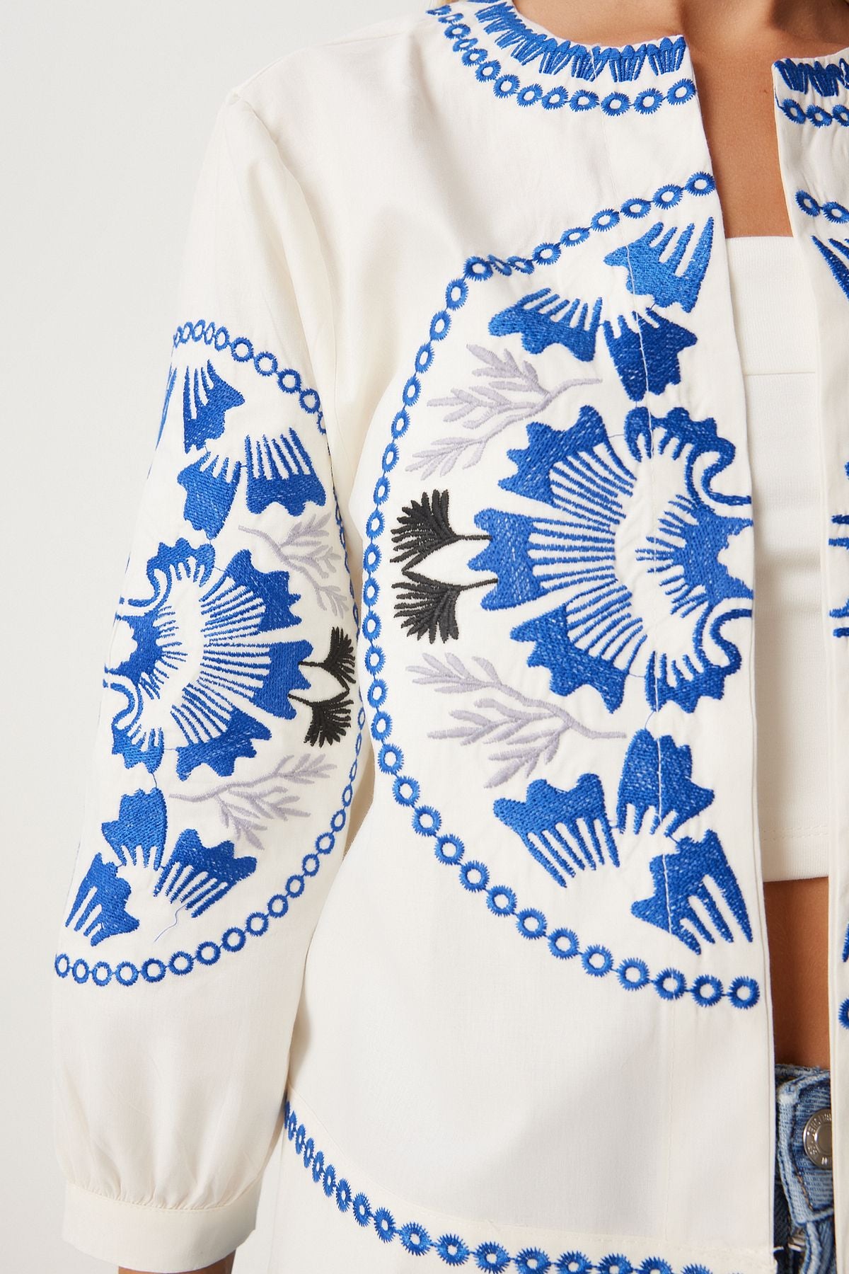 Women's Blue White Embroidery Detailed Poplin Jacket QS00003
