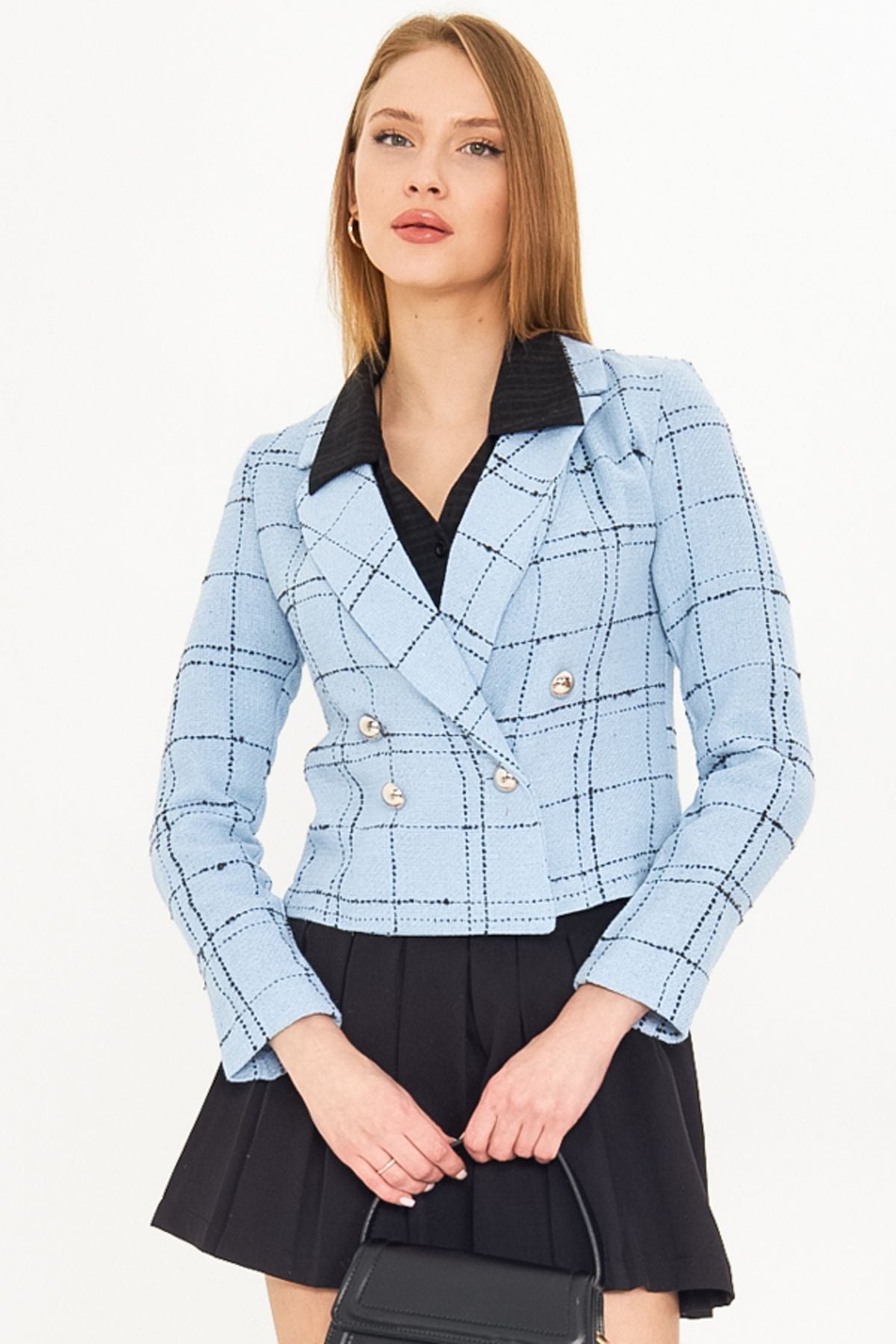 Women's Blue-Black Cruve Yaka Tüvit Crop Jacket ARM-24K001014