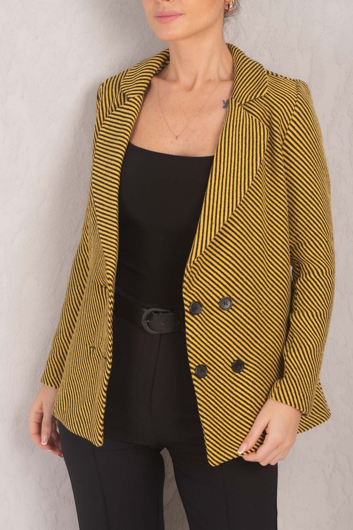 Woman Yellow Line Patterned Four button stamp jacket ARM-24K001037