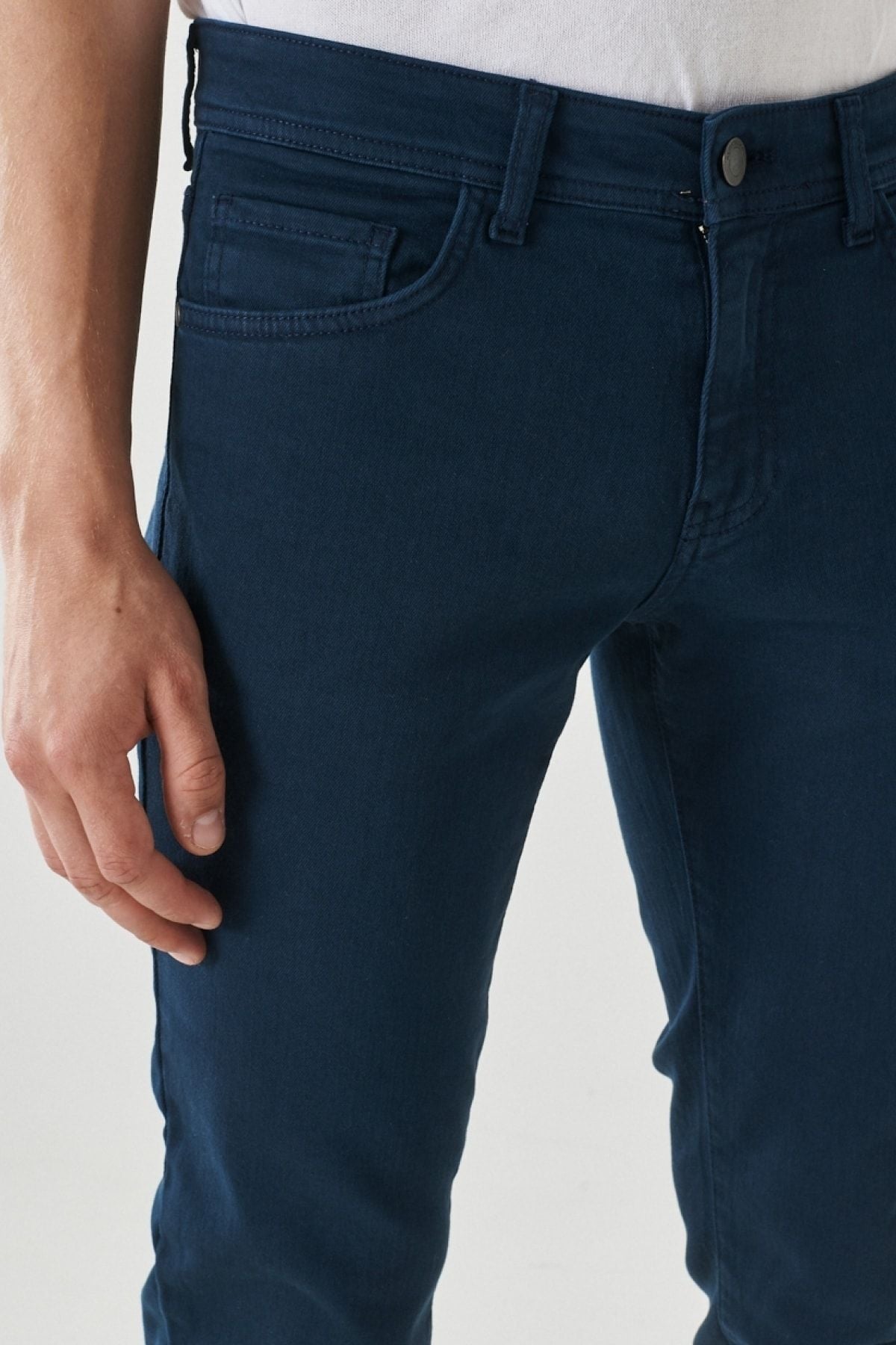 Men's navy blue 360 degrees stretching in all directions slim fit narrow cut cotton cotton pants