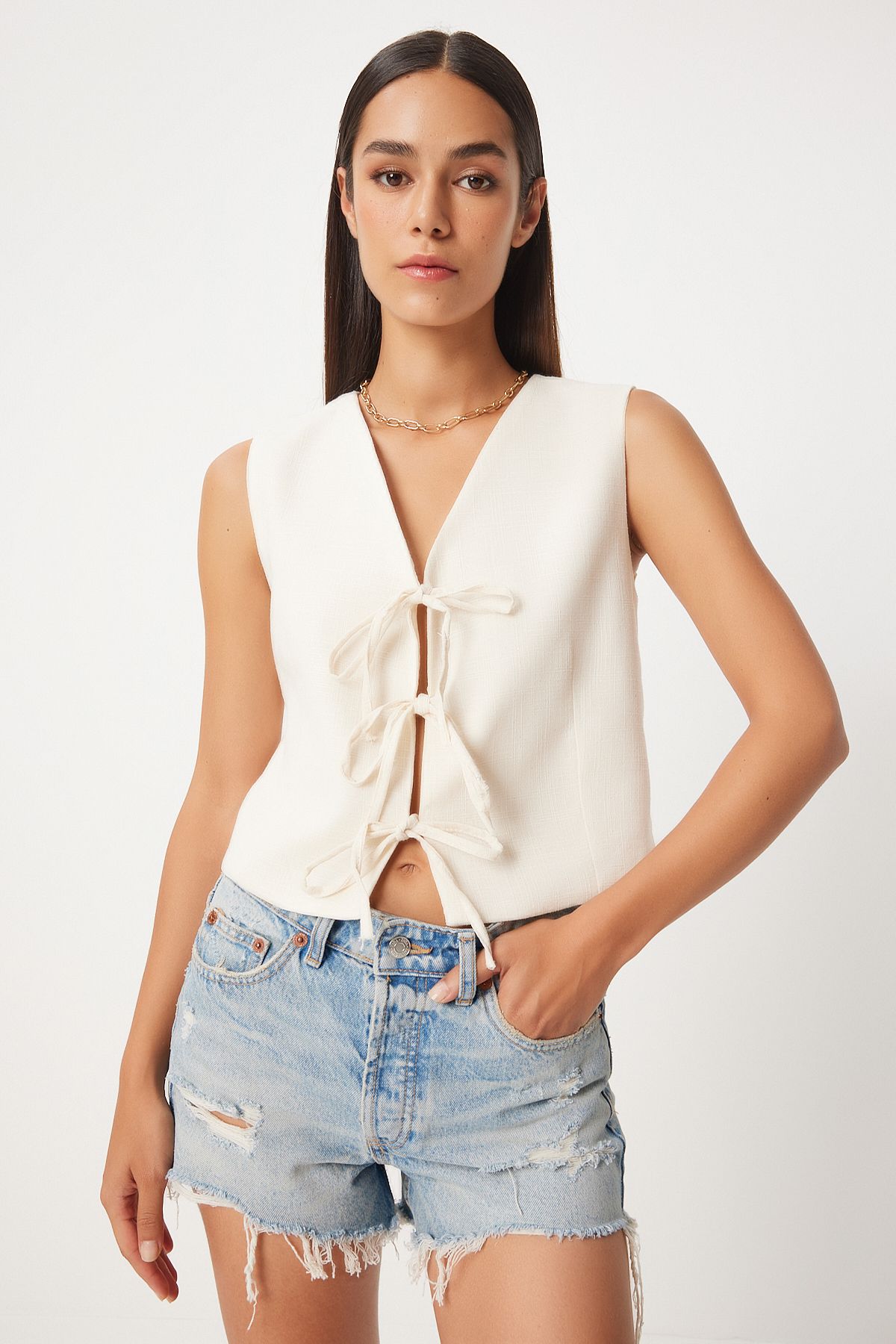 Women's Cream Bow Linen Vest GP00010