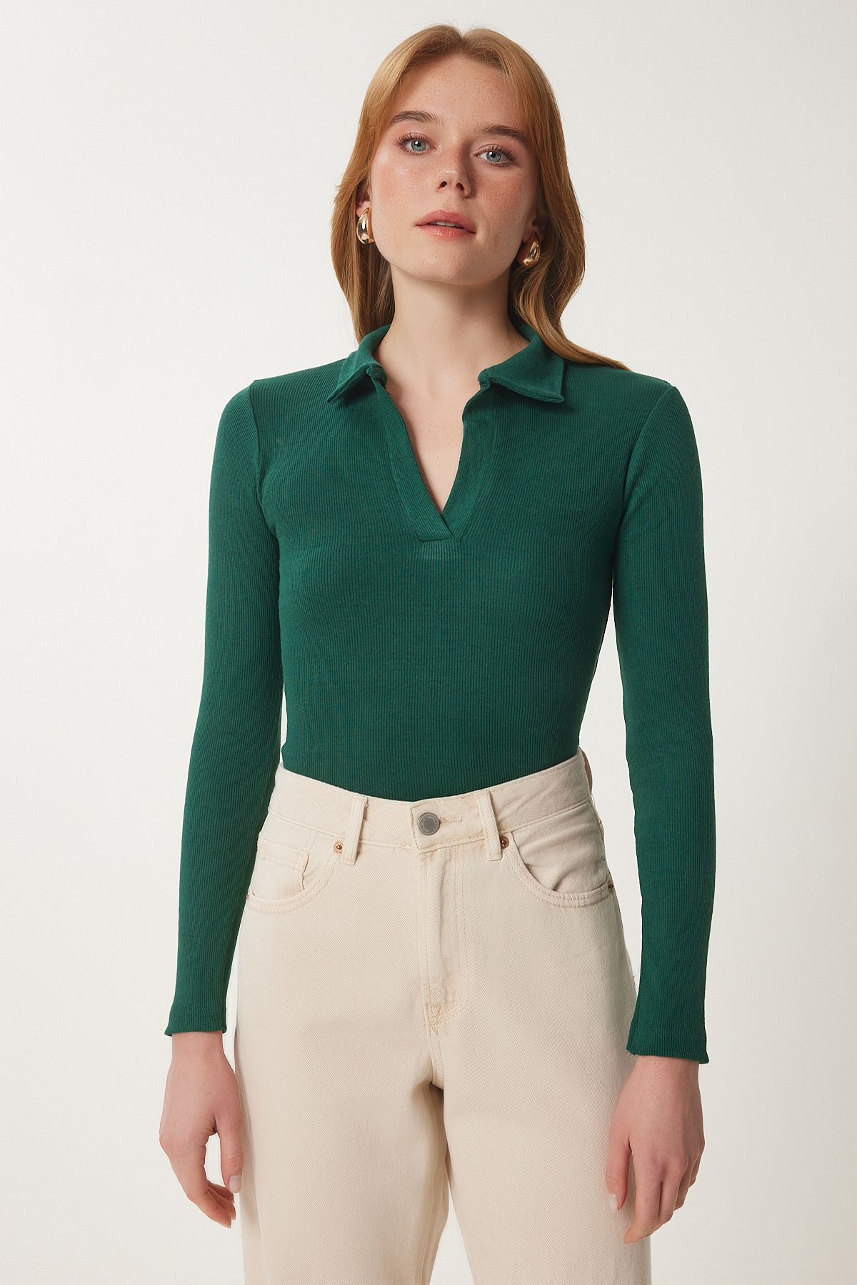 Female green polo collar wick knitted blouse GT00111