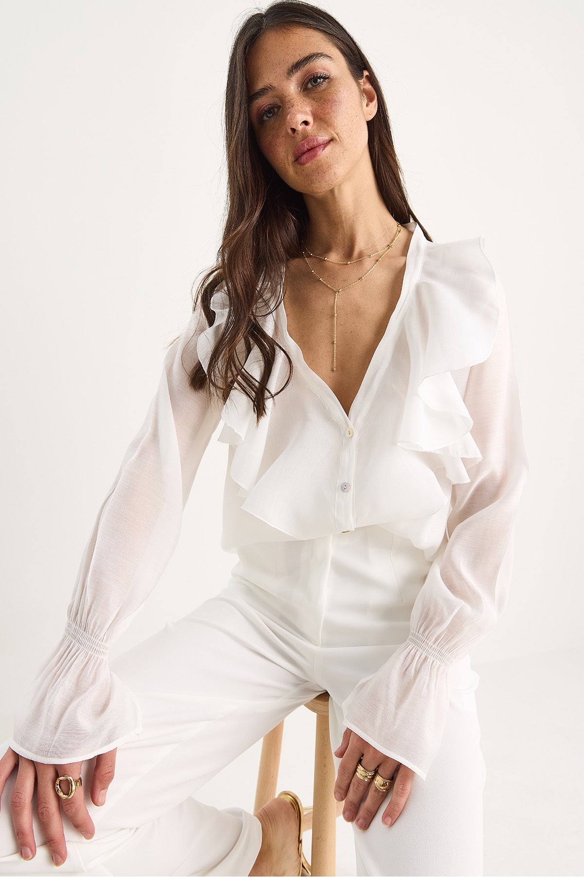Women's Stylish Shirt with Ruffled Collar and Gathered Sleeves 60283413