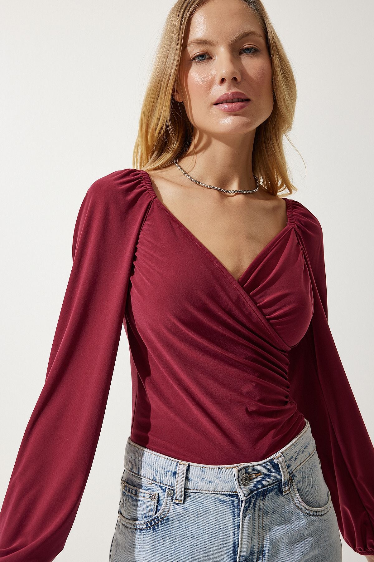 Female cherry elastic balloon sleeve sandy knit blouse FF00154