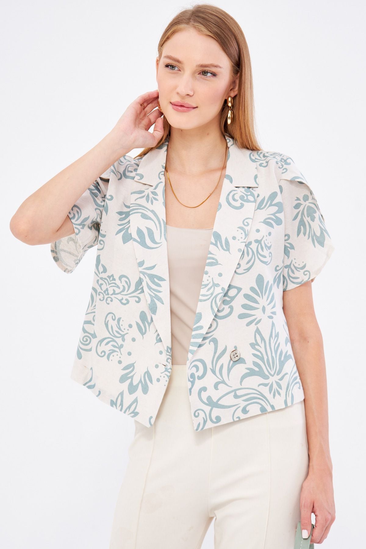 Female Mint Linen-Looking Patterned Band Slit Crop Short Sleeve Jacket ARM-24Y001095