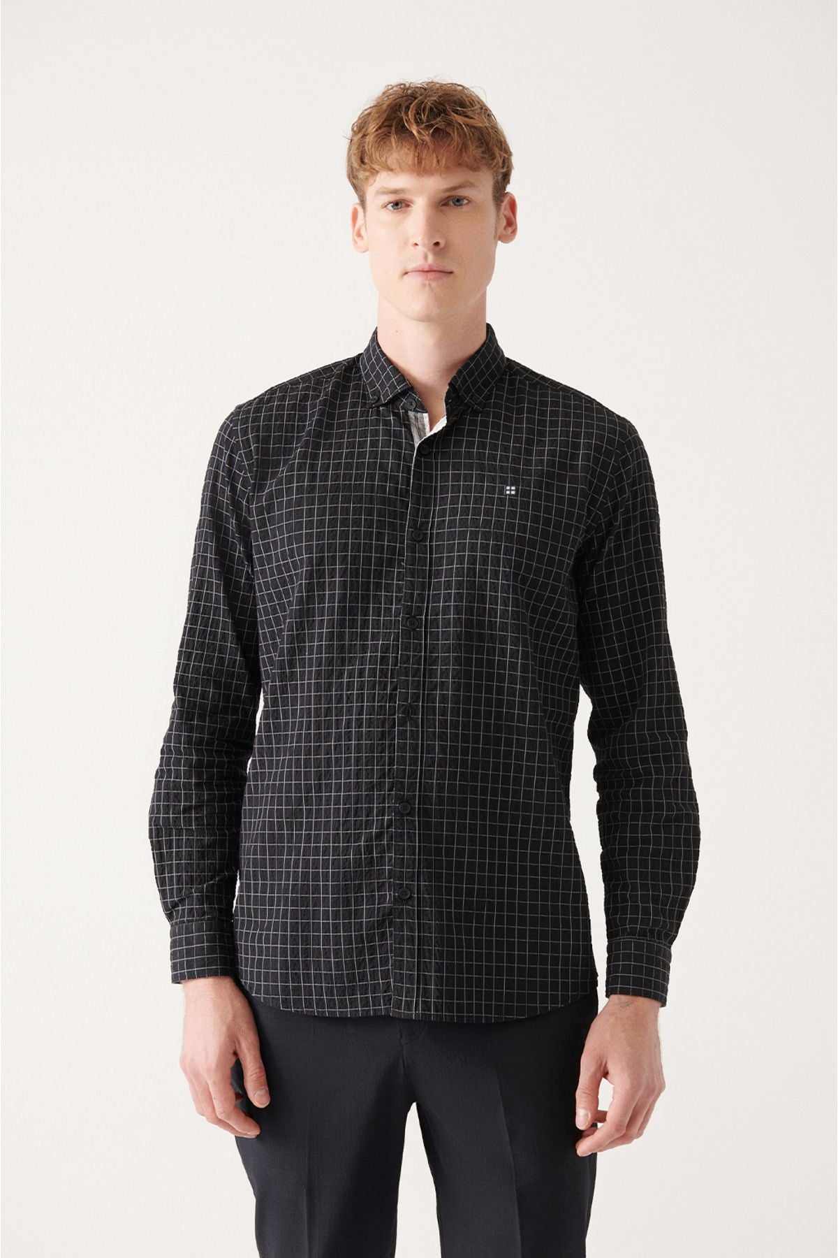 Men's Black Seersucker Cotton Plaid Patterned Shirt A31y2214