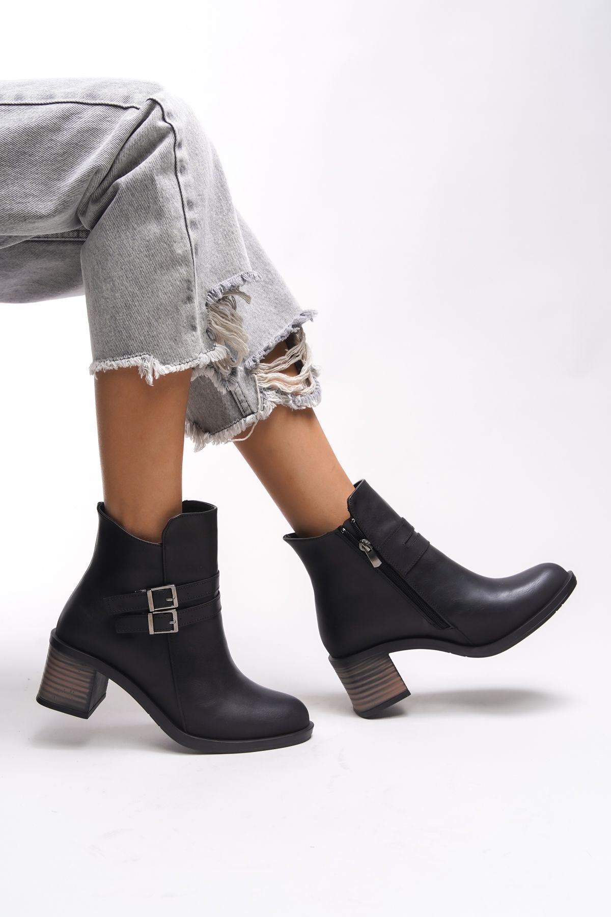 Khourzith female double buckle heels boat 0012502 black skin