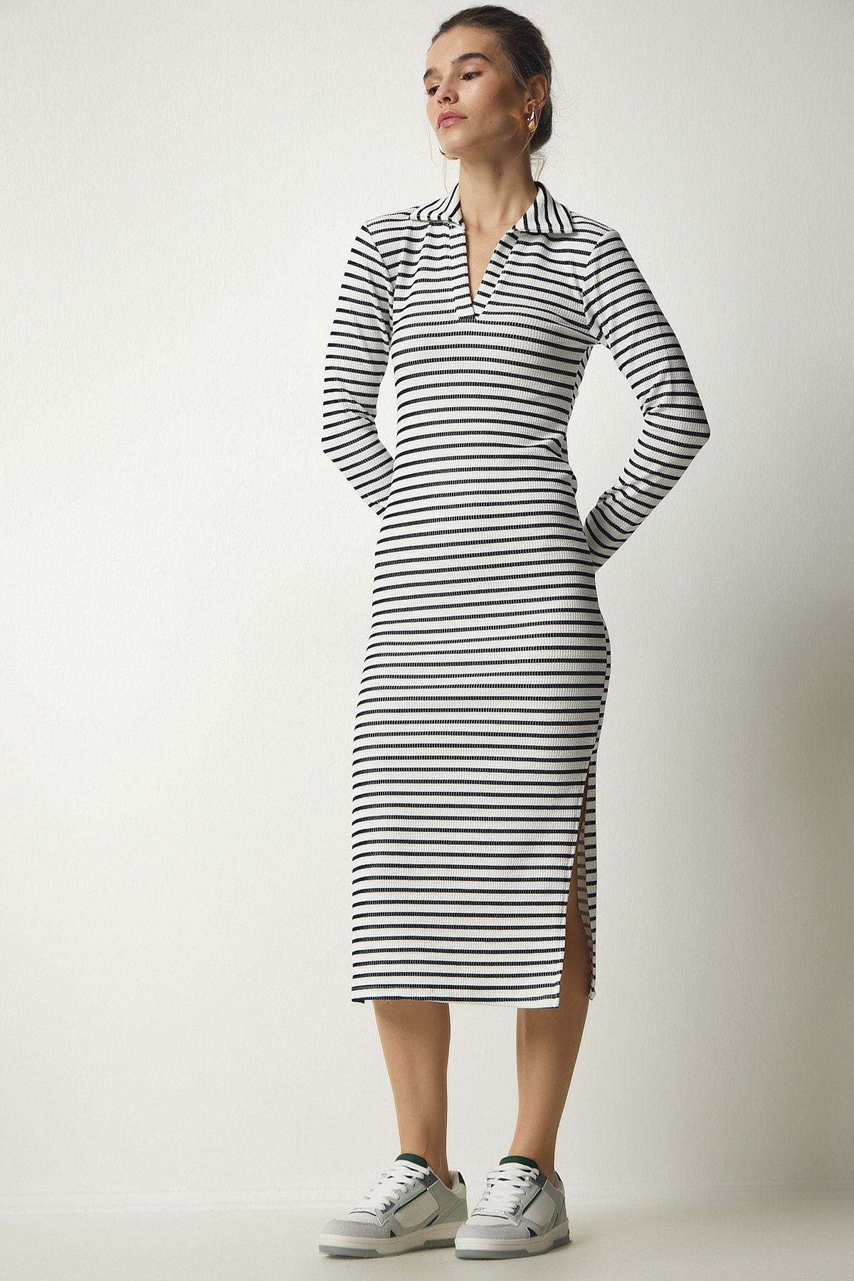 Woman White Polo Yaka striped Kashkorse Dress MC00238
