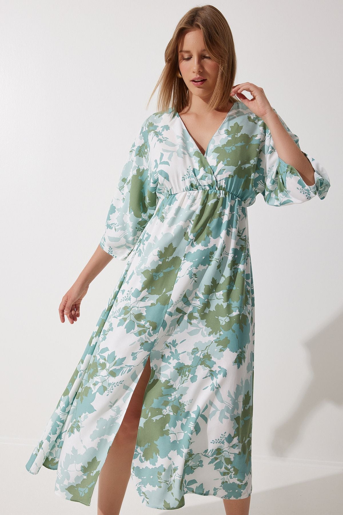 Women's Cagla Green Anvelop Yaka Patterned Summer Viscose Dress DK00166