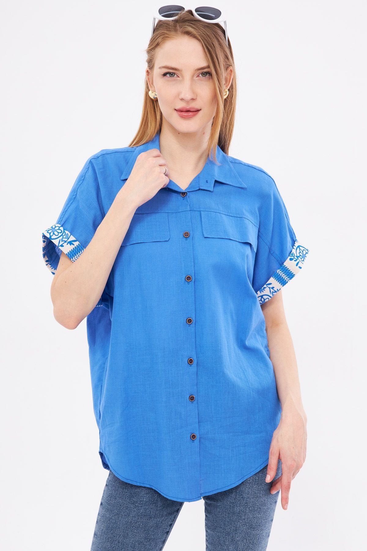 Woman Blue Oversize double arm detailed shirt ARM-24Y001075