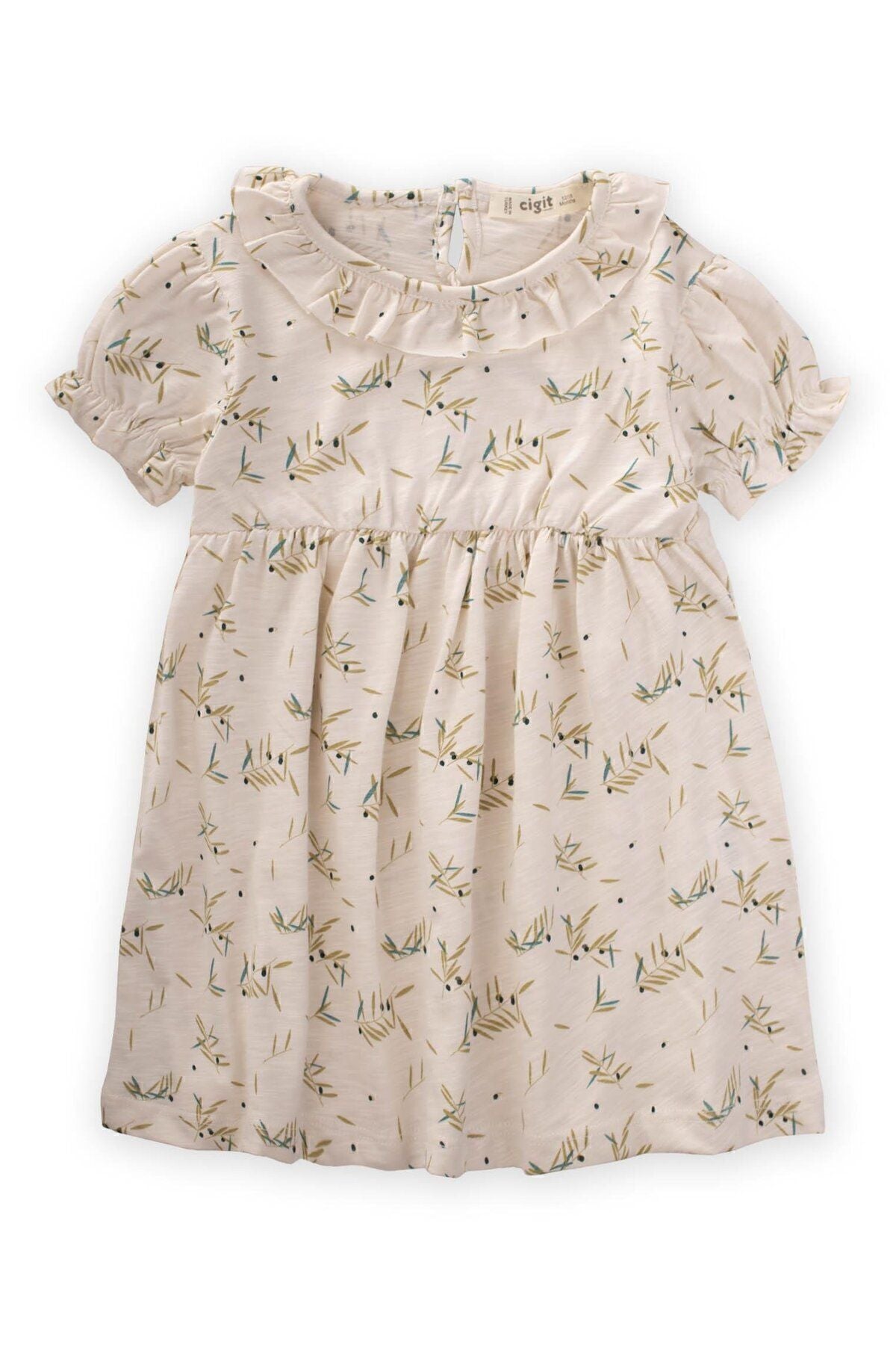 Patterned dress 1-6 age ecru olive pattern