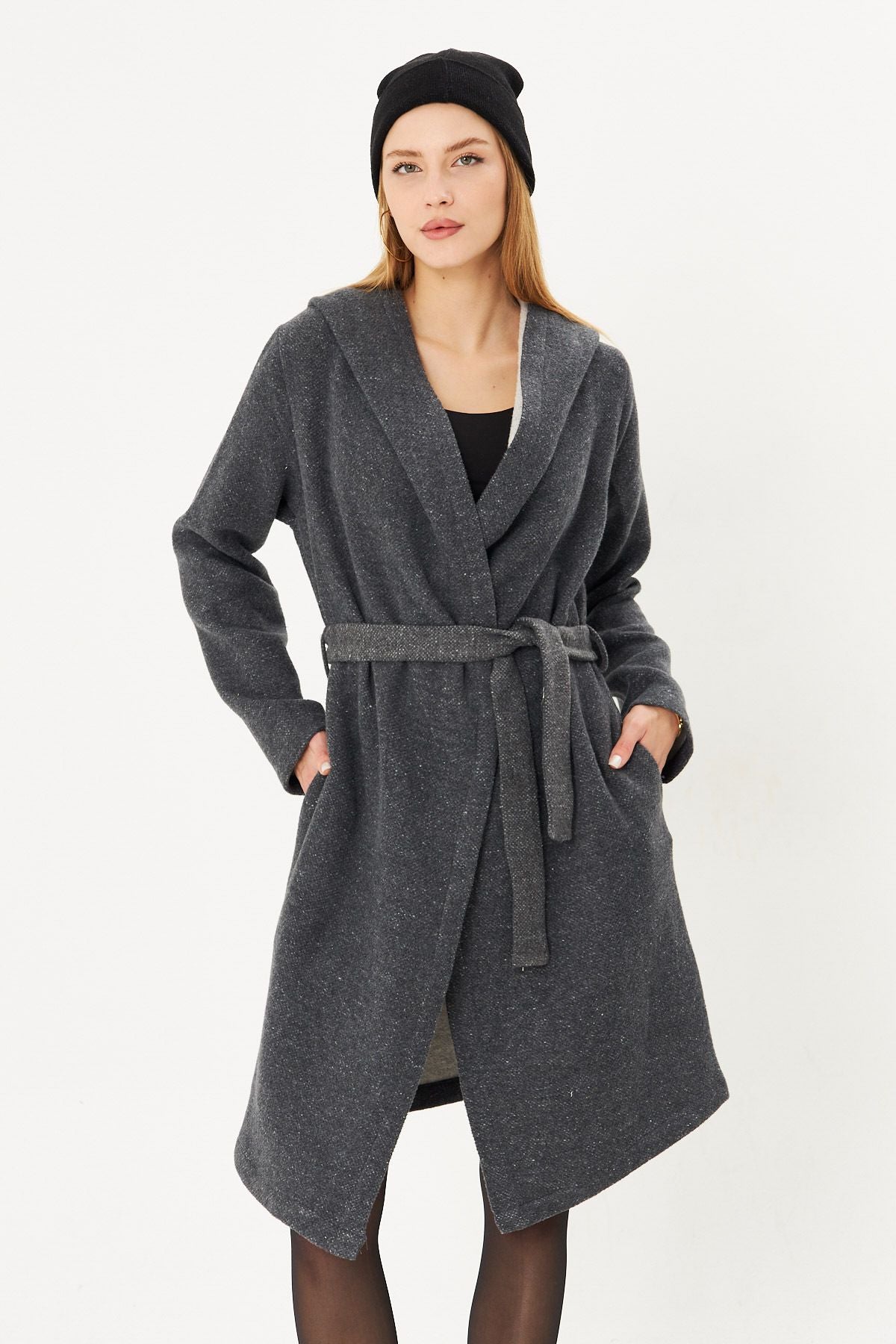 Woman anthracite hooded waist waist mobile detailed coat ARM-25K001054