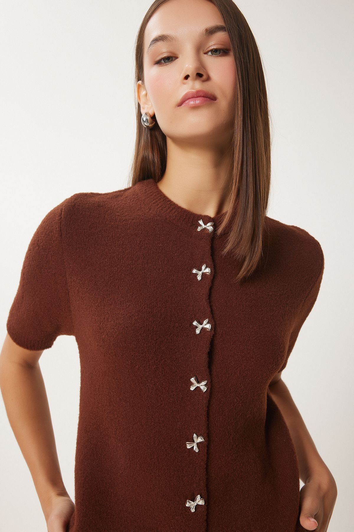 Women's Brown Stylish Bow Button Triko Cardigo with Beard Button DP00219