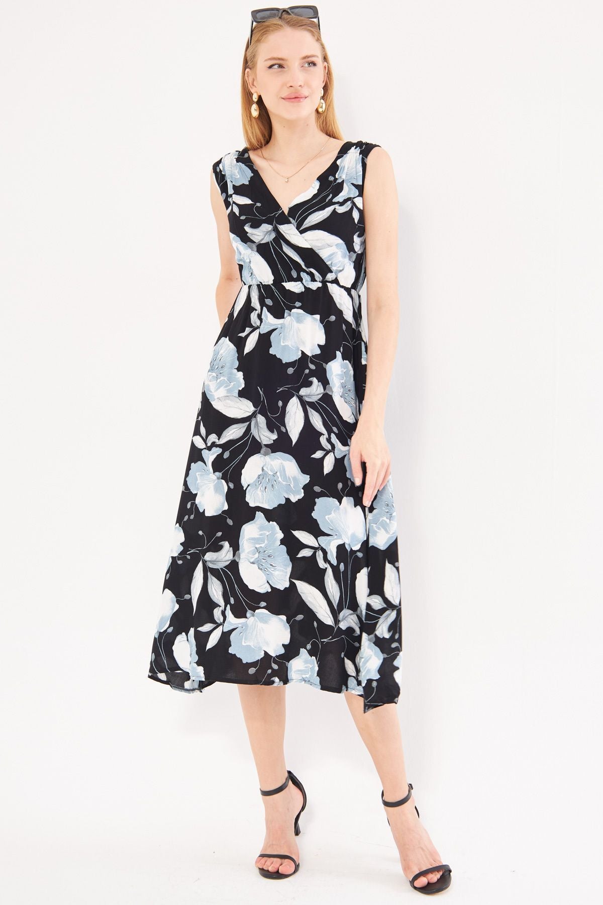 Woman Black-Gri Patterned Waist and Shooter Cruve Cruve Midi Boy Dress ARM-24Y001052
