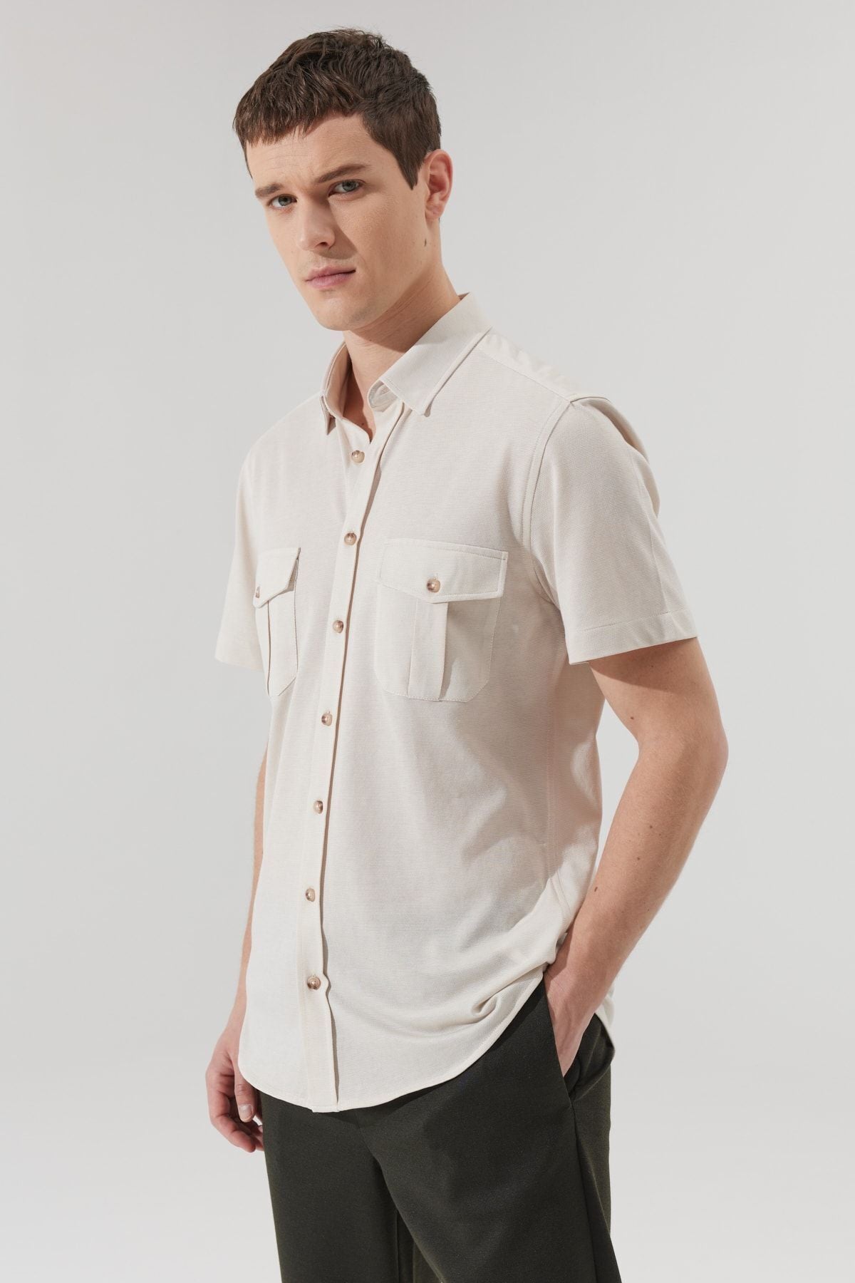 Men's Beige Slim Fit Narrow Cut Hidden Button Collar Cotton Short Sleeve Shirt