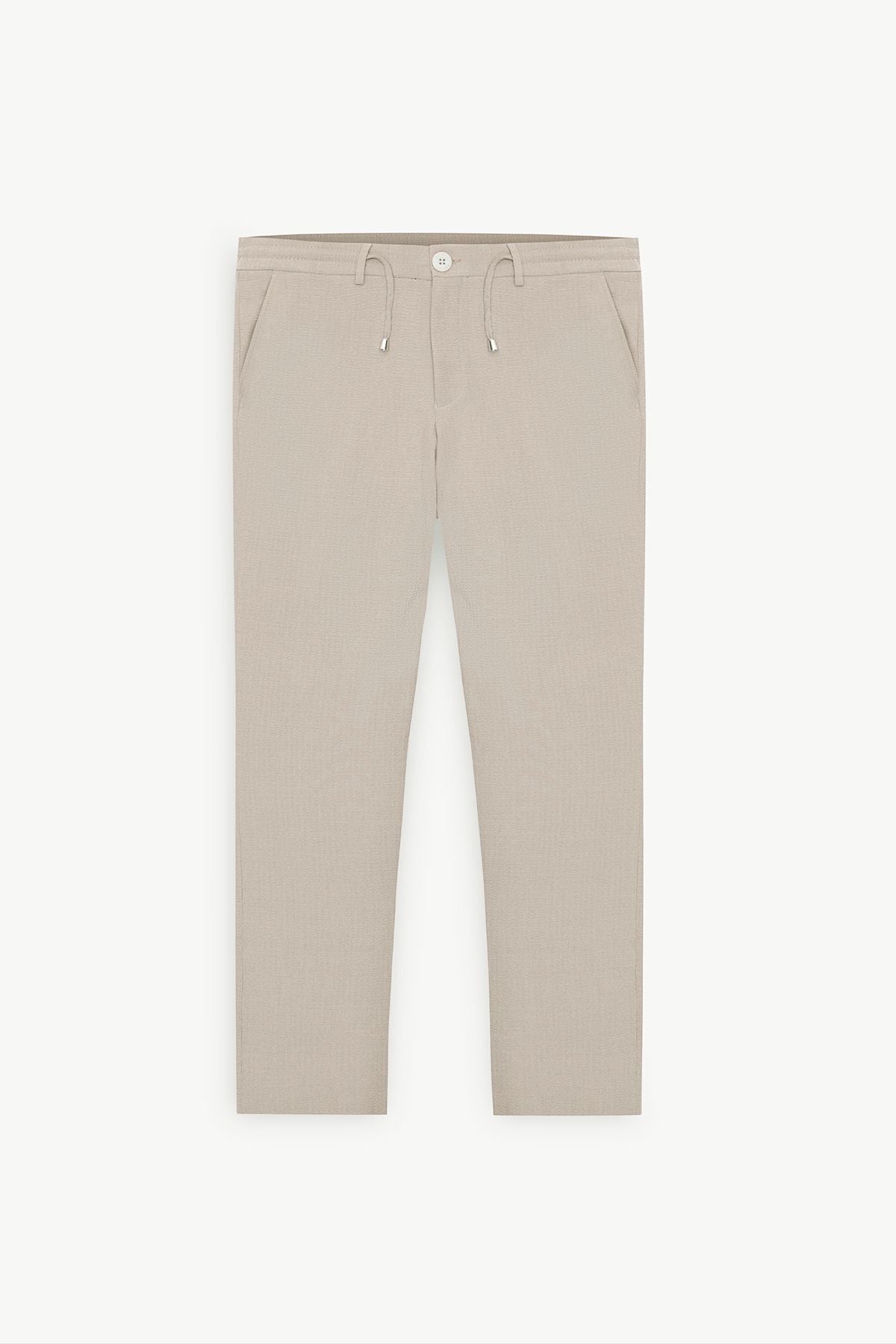 Men's Beige Slim Fit Narrow Cutting Waist Tied Side Pocket Wafer Patterned Pants