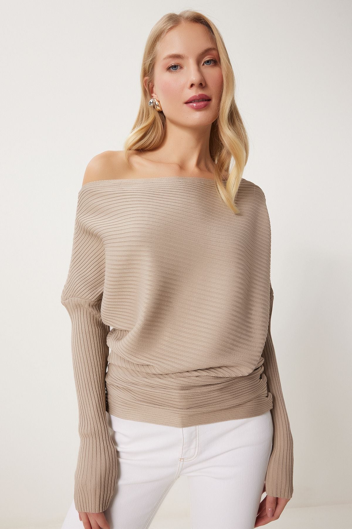 Female mink asymmetric collar wick sweater FN03383