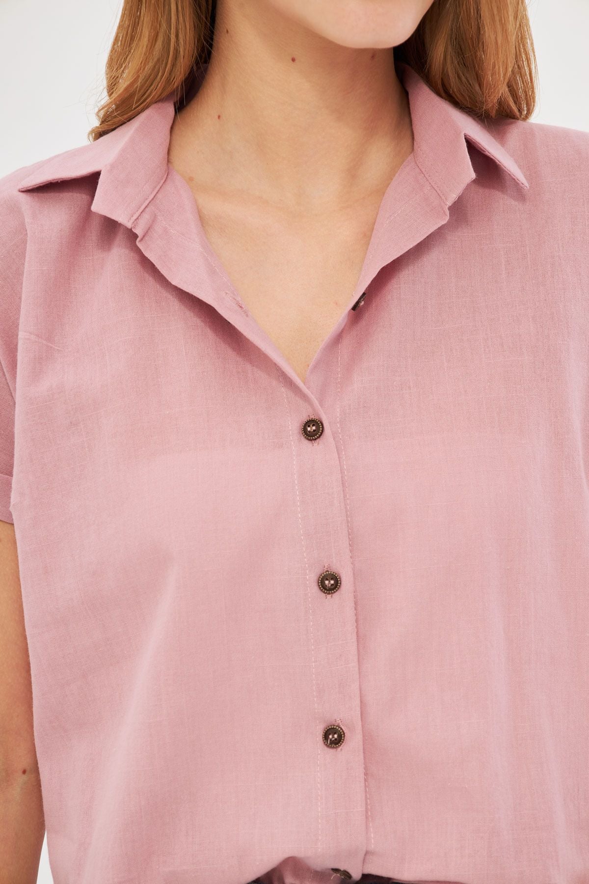 Woman Pink Short Sleeve Linen Shirt ARM-24Y001038