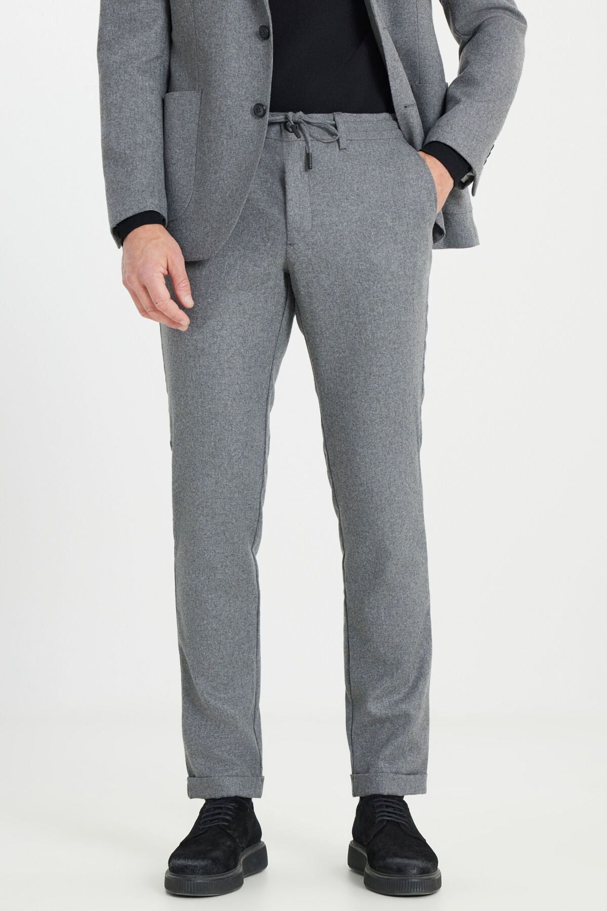 Men's gray woolen slim fit narrow -cut mono collar waist tied bag pocket suit suits