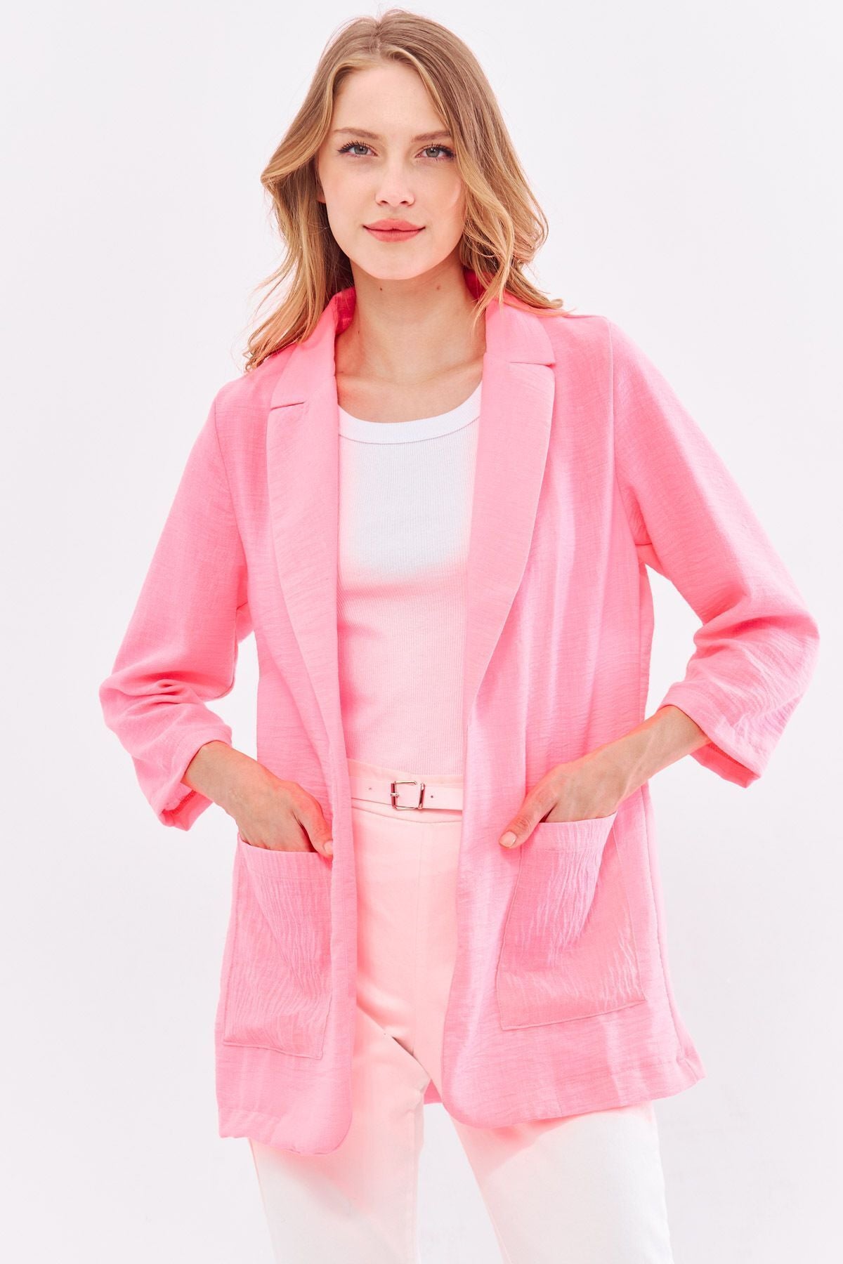 Female Neon Pink Linen-Looking Pocket Oversize Jacket ARM-24Y001065