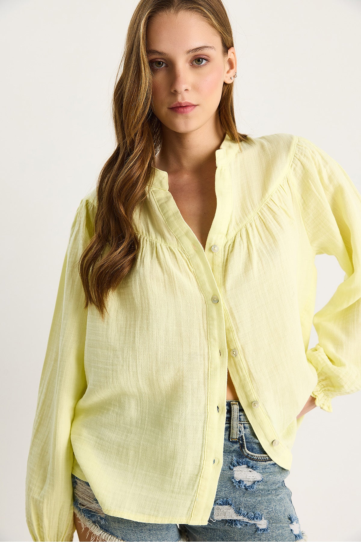 Women's Buttoned Comfortable Muslin Shirt with Elastic Sleeves 4733 60283499